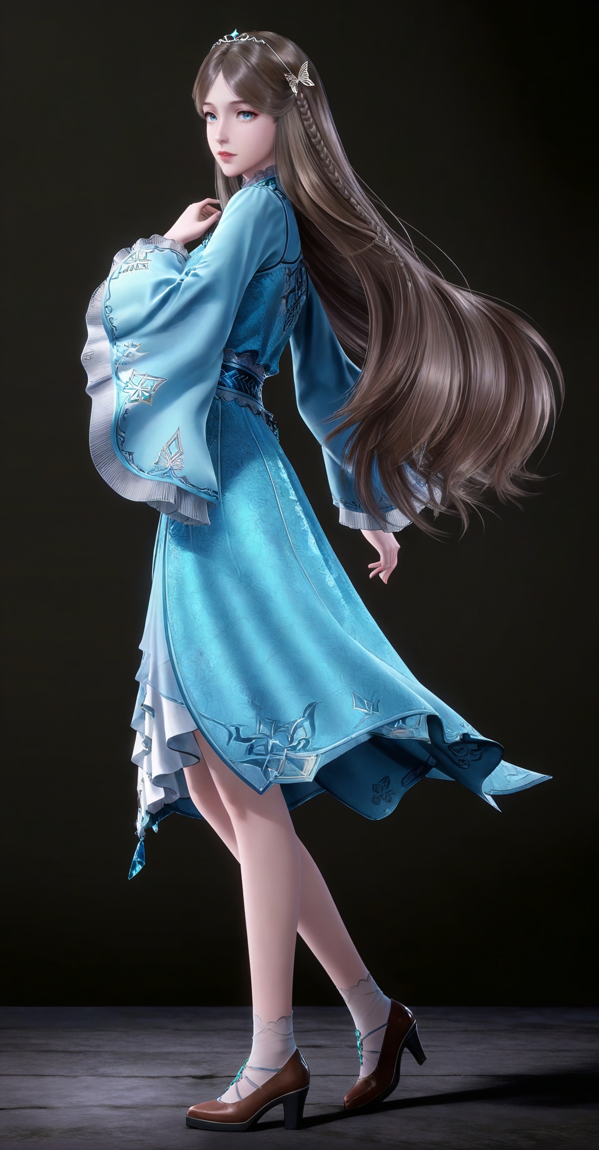 brown hair,long hair,blue eyes,very long hair,tiara,ningrongrong blue dress,butterfly hair ornament,braid,long_sleeves,wide_sleeves,bare legs,white socks,high_heels,1girl,solo,full body,looking at viewer,high heels,standing,from side,black_background,simple background,
