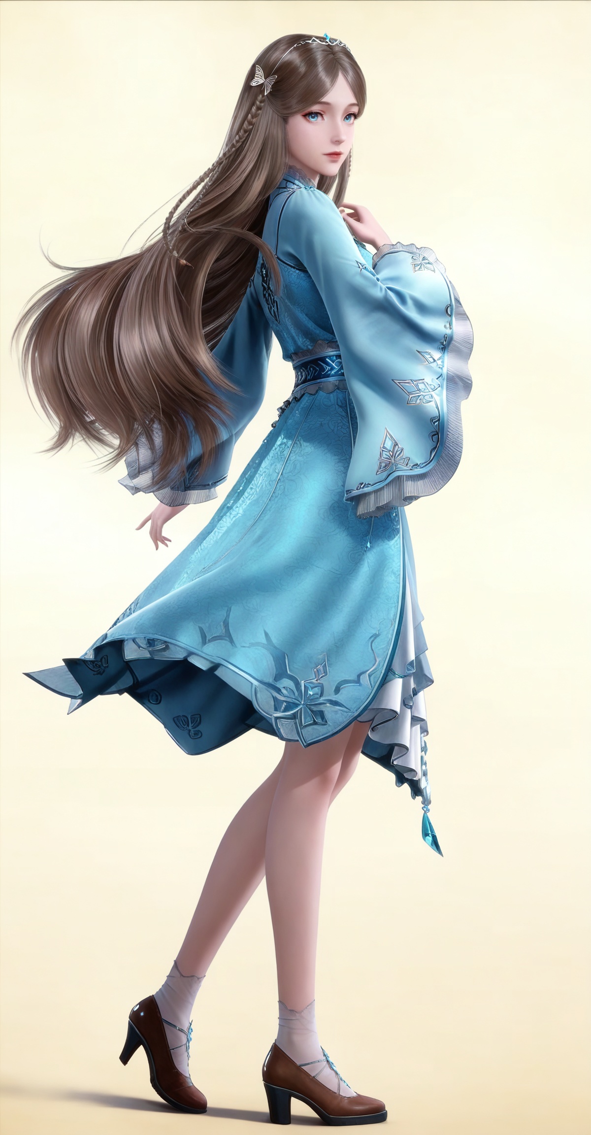 brown hair,long hair,blue eyes,very long hair,tiara,ningrongrong blue dress,butterfly hair ornament,braid,long_sleeves,wide_sleeves,bare legs,white socks,high_heels,1girl,solo,full body,looking at viewer,high heels,standing,from side,
