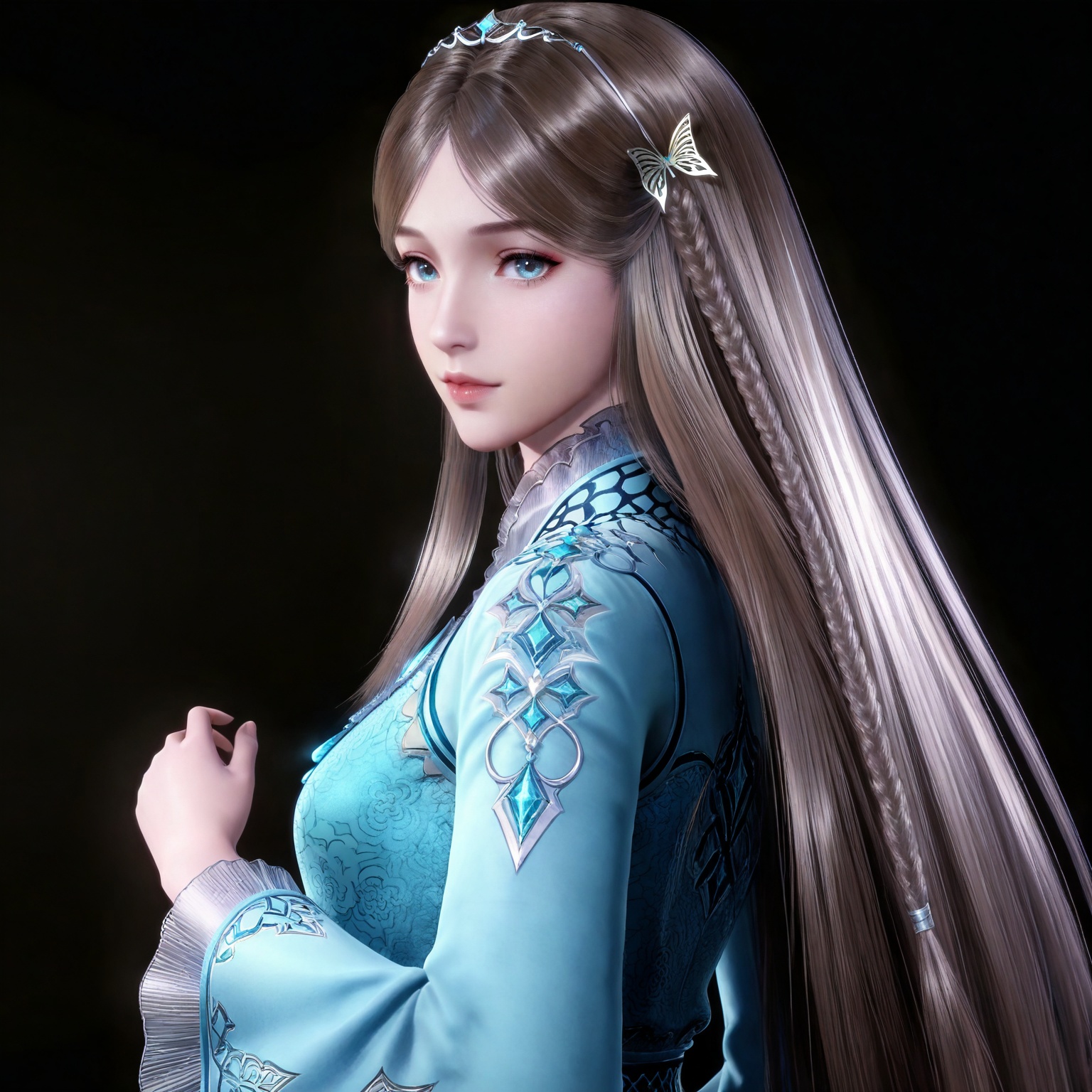 masterpiece,high quality,tall,game cg,highres,(white_skin:0.6),(shiny_skin:0.6),(realistic:1.1),looking_at_viewer,lvjing,,brown hair,long hair,blue eyes,very long hair,tiara,ningrongrong blue dress,butterfly hair ornament,braid,long_sleeves,wide_sleeves,1girl,solo,upper body,black_background,simple background,from side,