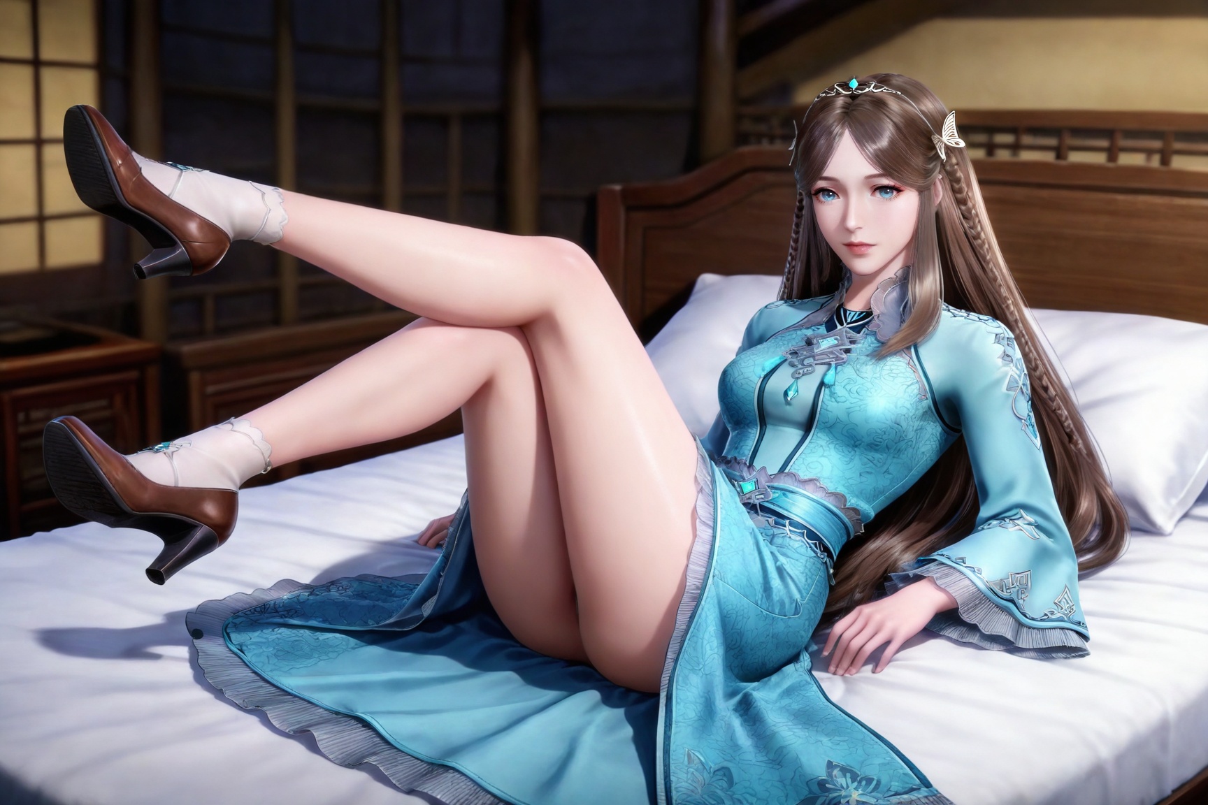 masterpiece,high quality,tall,game cg,highres,(white_skin:0.6),(shiny_skin:0.6),(realistic:1.1),looking_at_viewer,lvjing,
brown hair, long hair, blue eyes, very long hair, tiara, ningrongrong blue dress, butterfly hair ornament, braid, long_sleeves, wide_sleeves, bare legs, white socks, high_heels, 1girl, flower, solo, full body,bed,on back,lying,leg up,