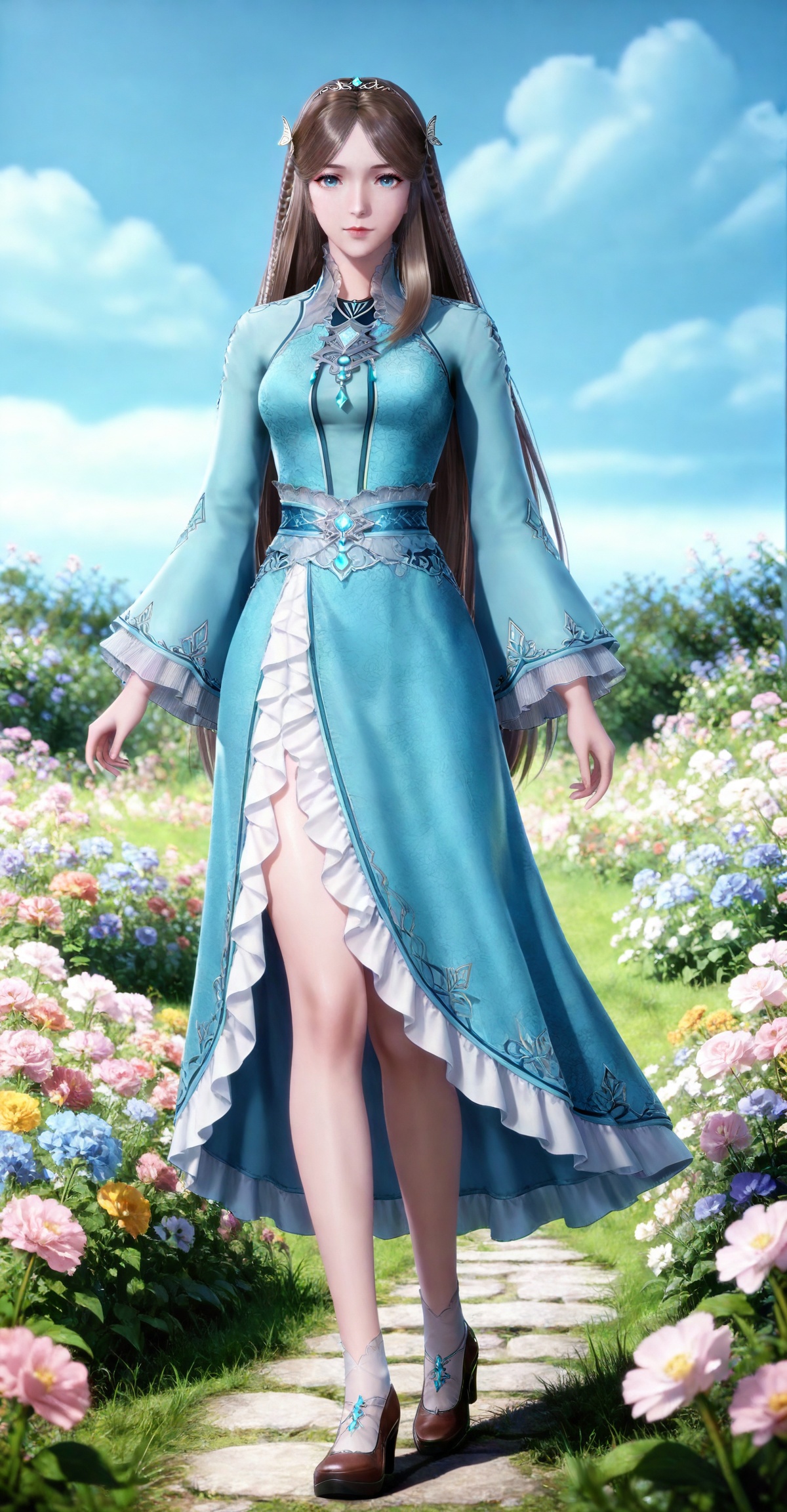 masterpiece,high quality,tall,game cg,highres,(white_skin:0.6),(shiny_skin:0.6),(realistic:1.1),looking_at_viewer,lvjing,
brown hair, long hair, blue eyes, very long hair, tiara, ningrongrong blue dress, butterfly hair ornament, braid, long_sleeves, wide_sleeves, bare legs, white socks, high_heels, 1girl, flower, solo, full body, blue sky, sky, outdoors, grass, closed mouth, looking at viewer, cloud