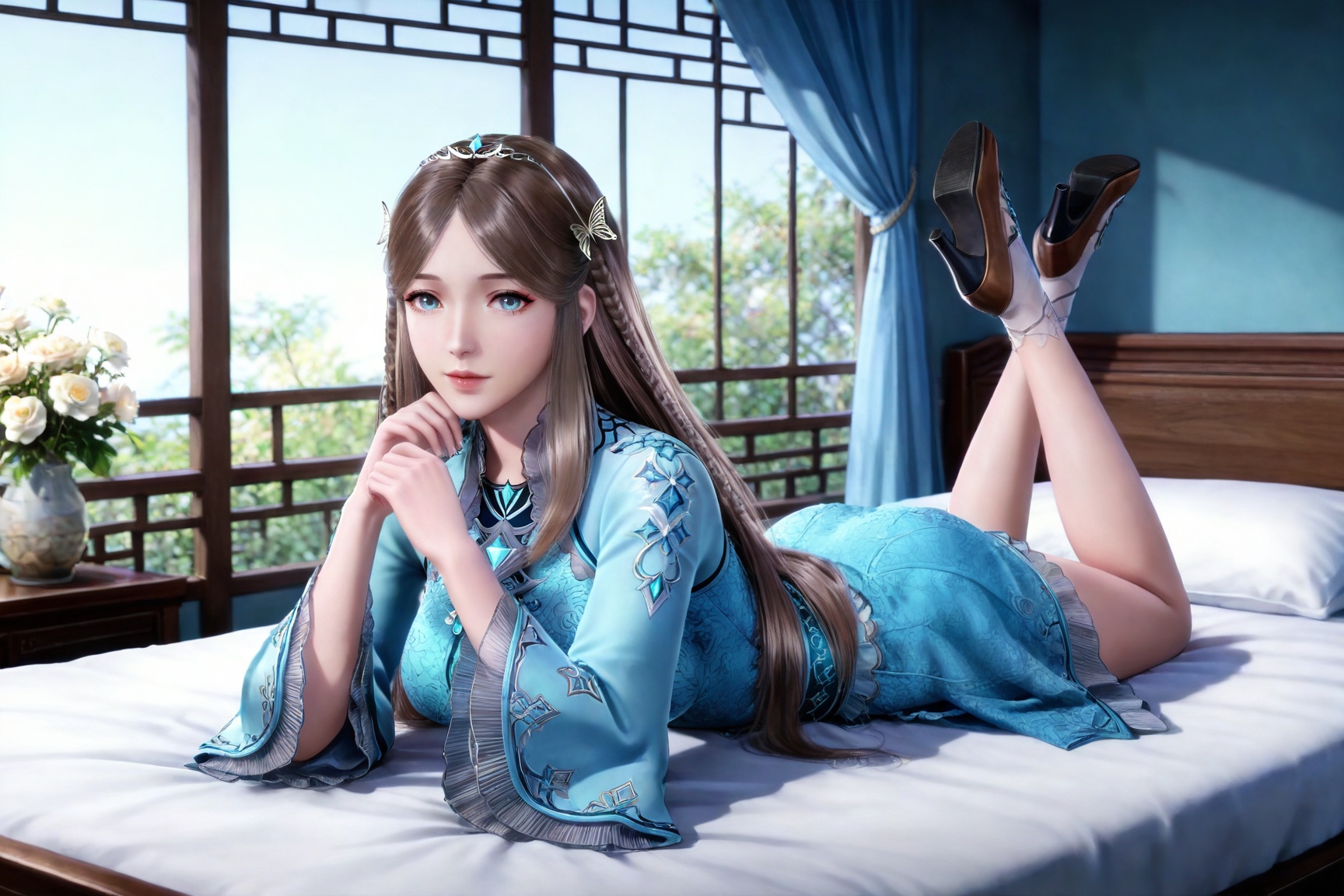 masterpiece,high quality,tall,game cg,highres,(white_skin:0.6),(shiny_skin:0.6),(realistic:1.1),looking_at_viewer,lvjing,
brown hair, long hair, blue eyes, very long hair, tiara, ningrongrong blue dress, butterfly hair ornament, braid, long_sleeves, wide_sleeves, bare legs, white socks, high_heels, 1girl, flower, solo, full body,bed,on stomach,feet up,day,window,