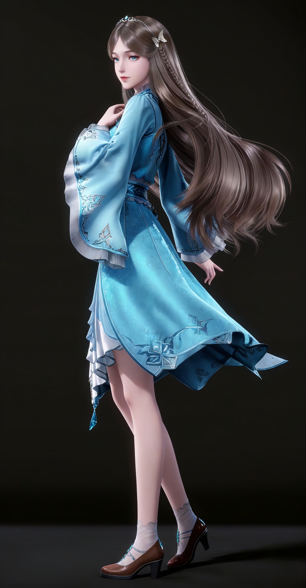 brown hair,long hair,blue eyes,very long hair,tiara,ningrongrong blue dress,butterfly hair ornament,braid,long_sleeves,wide_sleeves,bare legs,white socks,high_heels,1girl,solo,full body,looking at viewer,high heels,standing,from side,black_background,simple background,