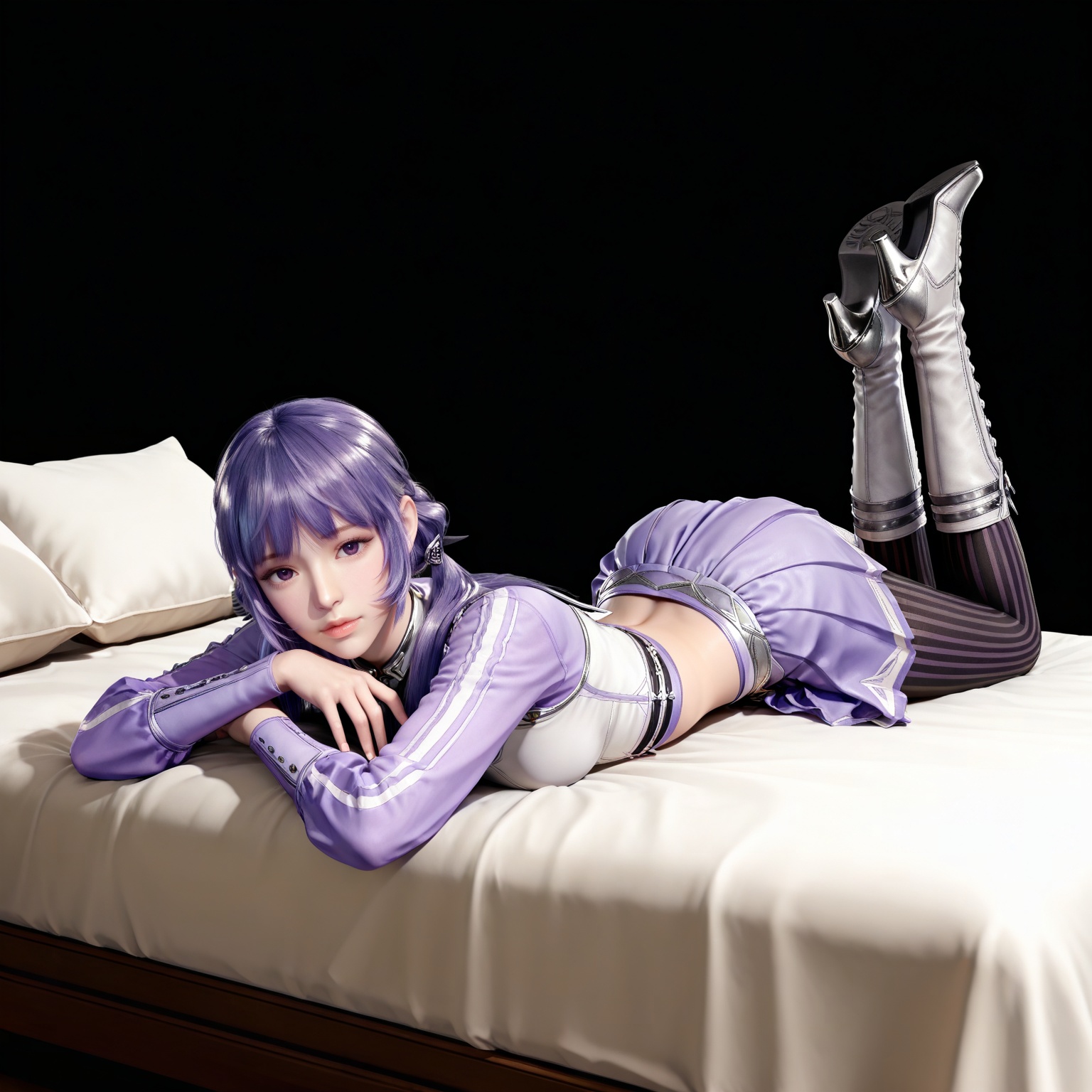 masterpiece,high quality,tall,game cg,highres,(white_skin:0.6),(shiny_skin:0.6),(realistic:1.1),looking_at_viewer,lvjing,,baichenxiang,purple hair,purple eyes,twintails,low twintails,crop_top,boots,skirt,black_pantyhose,long sleeves,striped pantyhose,midriff,1girl,solo,black_background,simple background,legs,long legs,bed,on stomach,feet up,