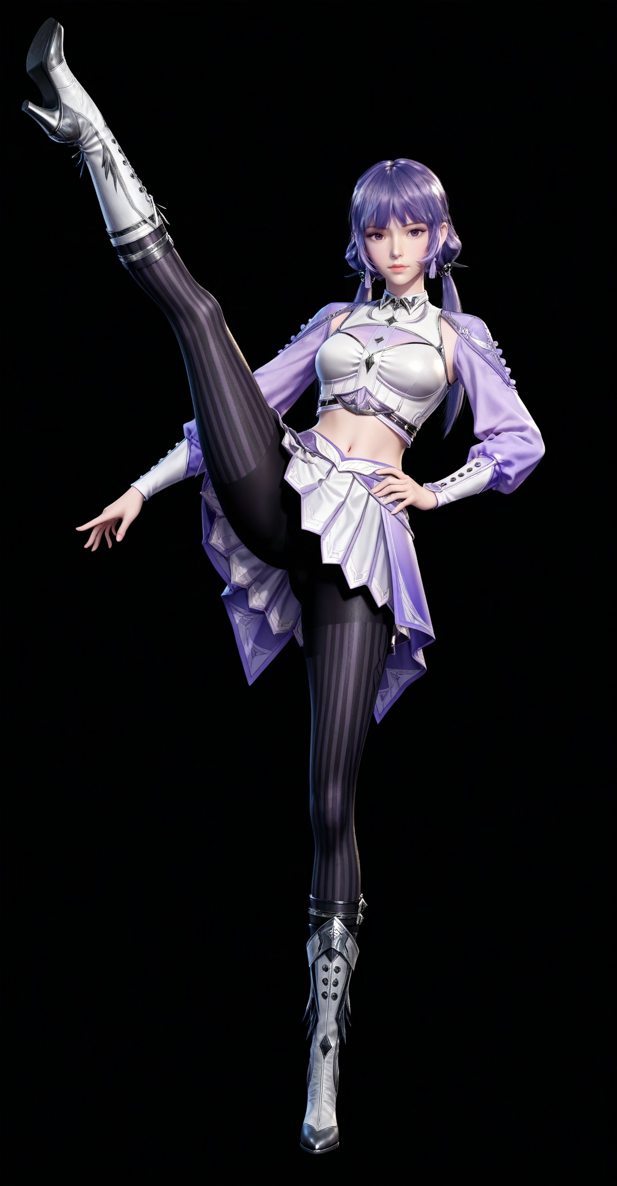 masterpiece,high quality,tall,game cg,highres,(white_skin:0.6),(shiny_skin:0.6),(realistic:1.1),looking_at_viewer,lvjing,,baichenxiang,purple hair,purple eyes,twintails,low twintails,crop_top,boots,skirt,black_pantyhose,long sleeves,striped pantyhose,midriff,1girl,solo,black_background,simple background,hand on hip,kicking,legs,long legs,high_kick,