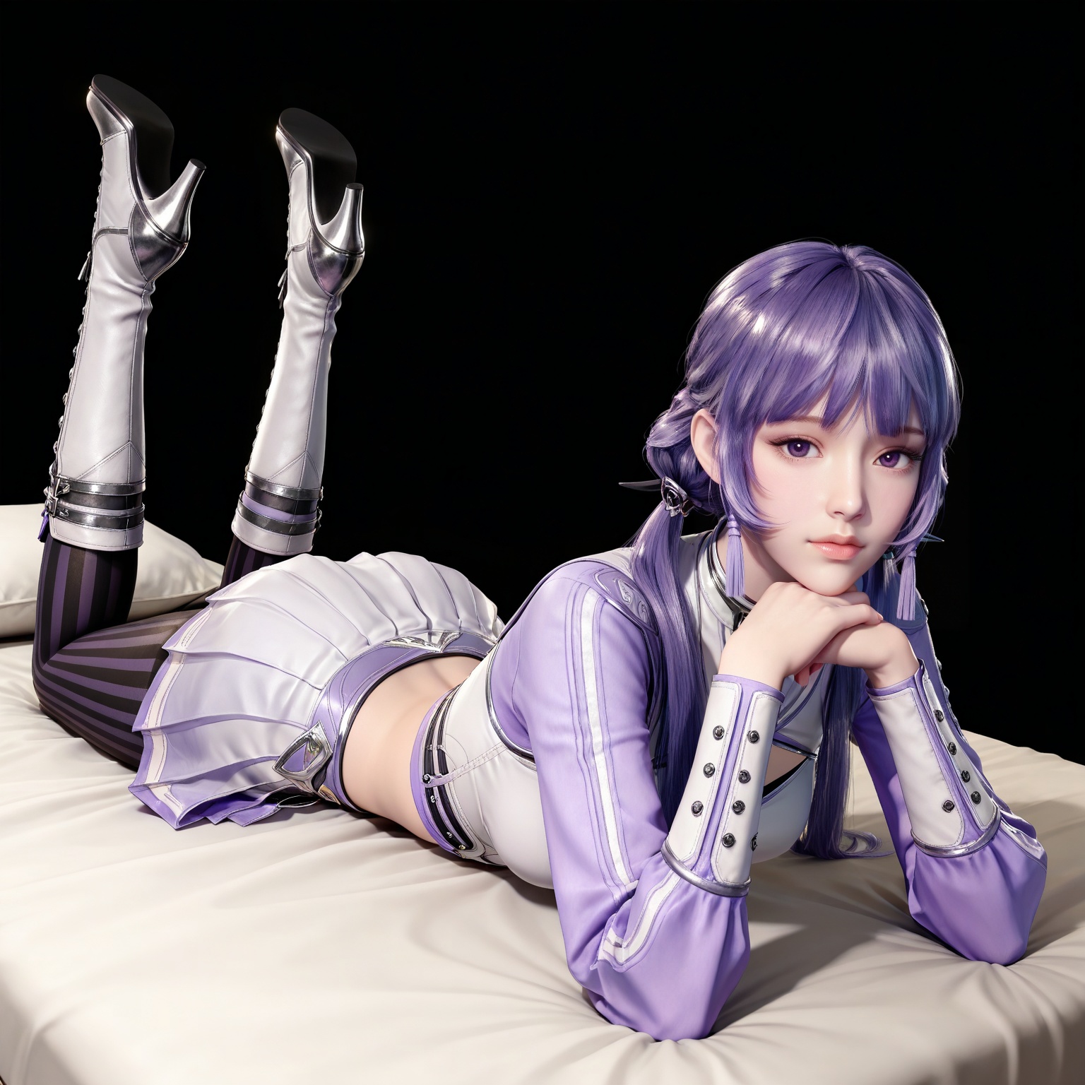 masterpiece,high quality,tall,game cg,highres,(white_skin:0.6),(shiny_skin:0.6),(realistic:1.1),looking_at_viewer,lvjing,,baichenxiang,purple hair,purple eyes,twintails,low twintails,crop_top,boots,skirt,black_pantyhose,long sleeves,striped pantyhose,midriff,1girl,solo,black_background,simple background,legs,long legs,bed,on stomach,feet up,