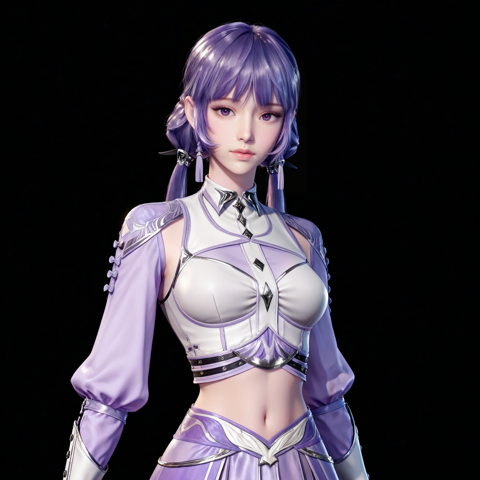 masterpiece,high quality,tall,game cg,highres,(white_skin:0.6),(shiny_skin:0.6),(realistic:1.1),looking_at_viewer,lvjing,,baichenxiang,purple hair,purple eyes,twintails,low twintails,crop_top,skirt,long sleeves,midriff,1girl,solo,black_background,simple background,from side,