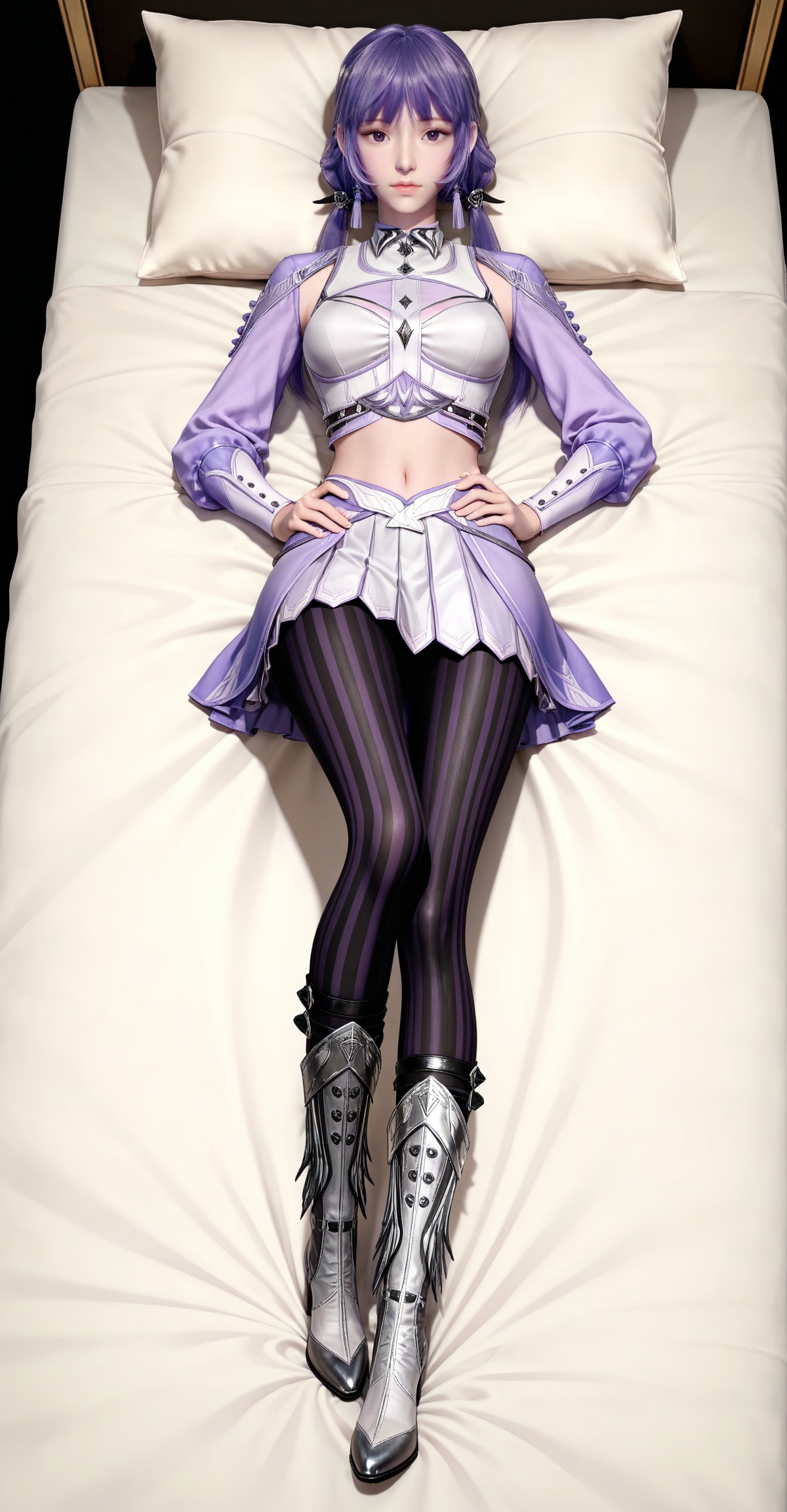 masterpiece,high quality,tall,game cg,highres,(white_skin:0.6),(shiny_skin:0.6),(realistic:1.1),looking_at_viewer,lvjing,,baichenxiang,purple hair,purple eyes,twintails,low twintails,crop_top,boots,skirt,black_pantyhose,long sleeves,striped pantyhose,midriff,1girl,solo,black_background,simple background,hand on hip,legs,long legs,hand on legs,lying,on back,bed,