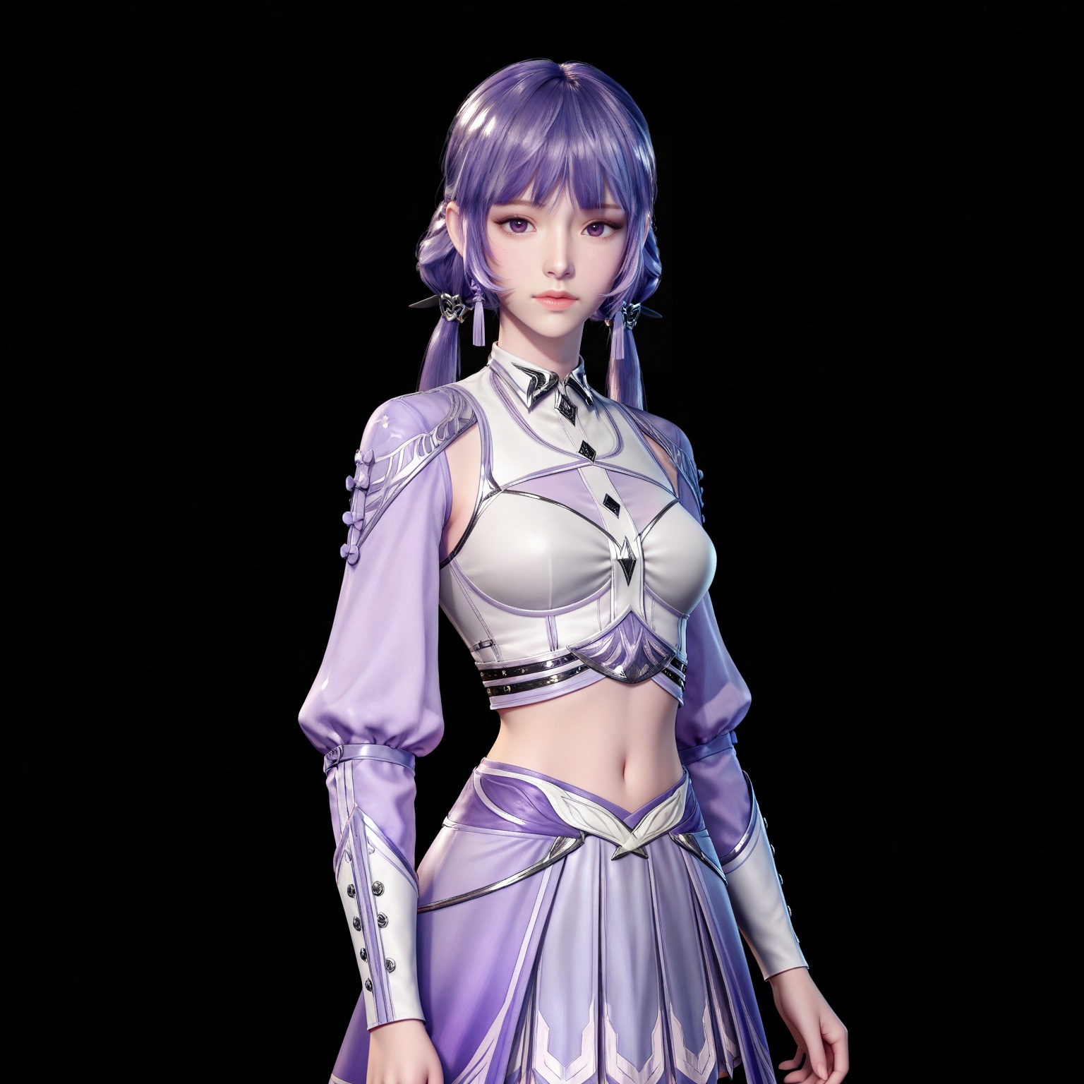 masterpiece,high quality,tall,game cg,highres,(white_skin:0.6),(shiny_skin:0.6),(realistic:1.1),looking_at_viewer,lvjing,,baichenxiang,purple hair,purple eyes,twintails,low twintails,crop_top,skirt,long sleeves,midriff,1girl,solo,black_background,simple background,from side,