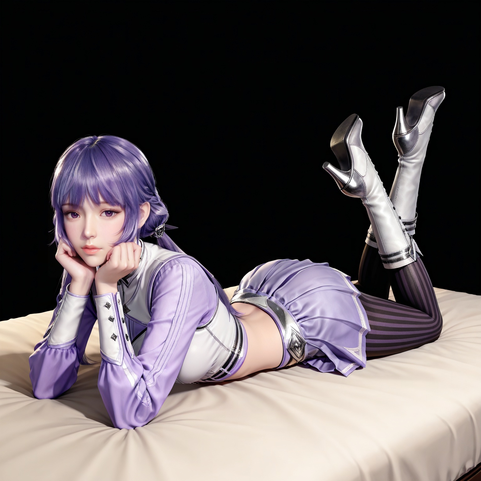 masterpiece,high quality,tall,game cg,highres,(white_skin:0.6),(shiny_skin:0.6),(realistic:1.1),looking_at_viewer,lvjing,,baichenxiang,purple hair,purple eyes,twintails,low twintails,crop_top,boots,skirt,black_pantyhose,long sleeves,striped pantyhose,midriff,1girl,solo,black_background,simple background,legs,long legs,bed,on stomach,feet up,