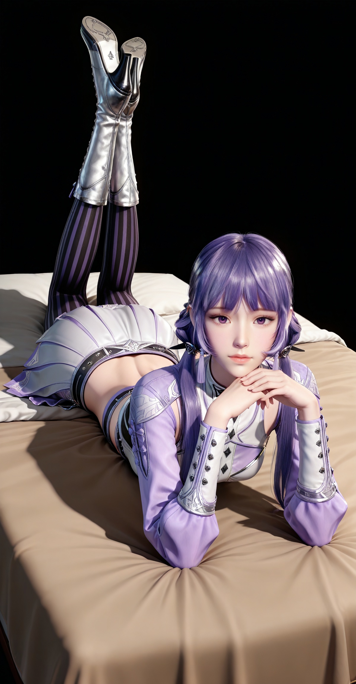 masterpiece,high quality,tall,game cg,highres,(white_skin:0.6),(shiny_skin:0.6),(realistic:1.1),looking_at_viewer,lvjing,,baichenxiang,purple hair,purple eyes,twintails,low twintails,crop_top,boots,skirt,black_pantyhose,long sleeves,striped pantyhose,midriff,1girl,solo,black_background,simple background,legs,long legs,bed,on stomach,feet up,