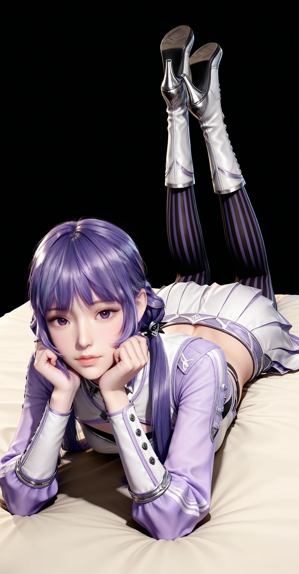 masterpiece,high quality,tall,game cg,highres,(white_skin:0.6),(shiny_skin:0.6),(realistic:1.1),looking_at_viewer,lvjing,,baichenxiang,purple hair,purple eyes,twintails,low twintails,crop_top,boots,skirt,black_pantyhose,long sleeves,striped pantyhose,midriff,1girl,solo,black_background,simple background,legs,long legs,bed,on stomach,feet up,