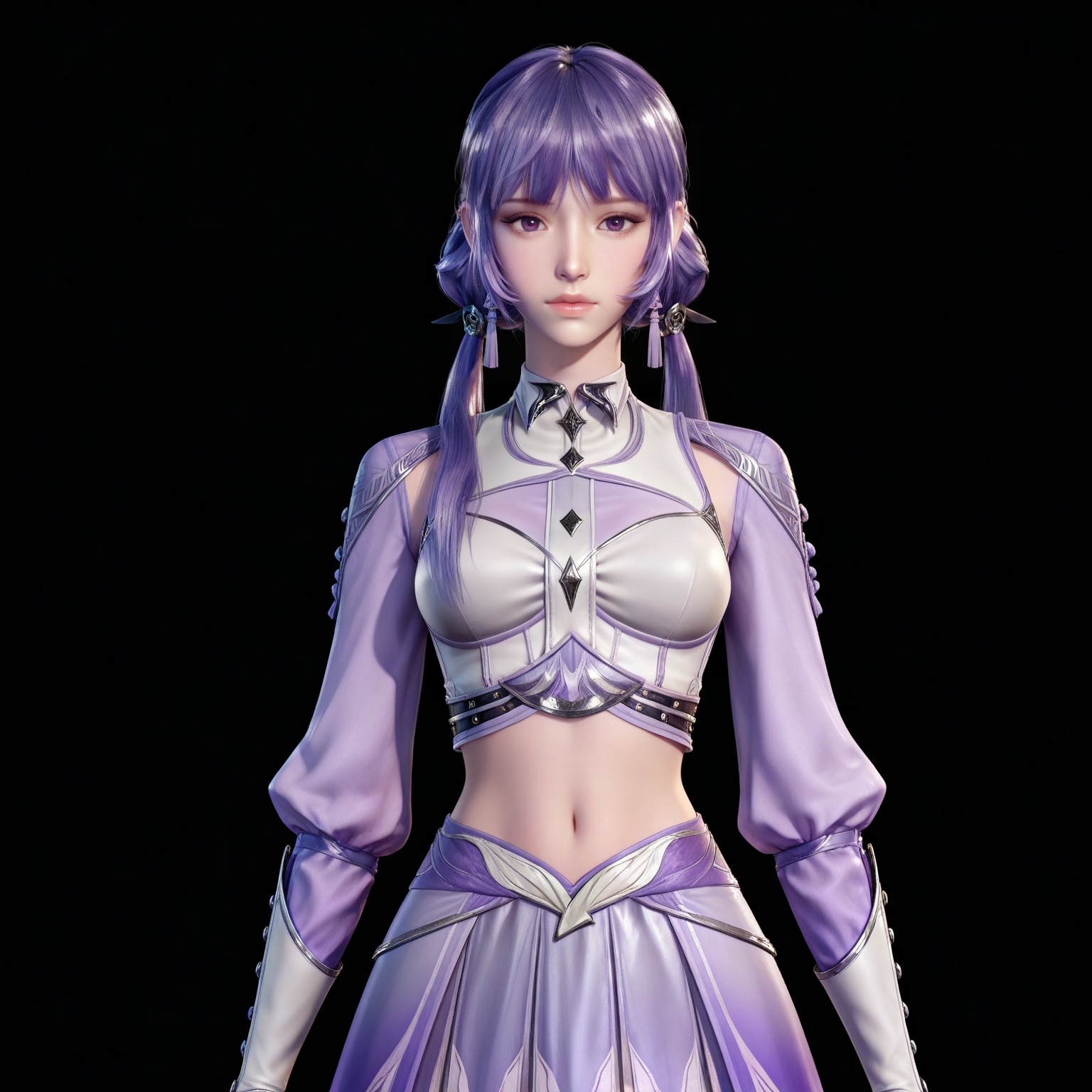 masterpiece,high quality,tall,game cg,highres,(white_skin:0.6),(shiny_skin:0.6),(realistic:1.1),looking_at_viewer,lvjing,,baichenxiang,purple hair,purple eyes,twintails,low twintails,crop_top,skirt,long sleeves,midriff,1girl,solo,black_background,simple background,
