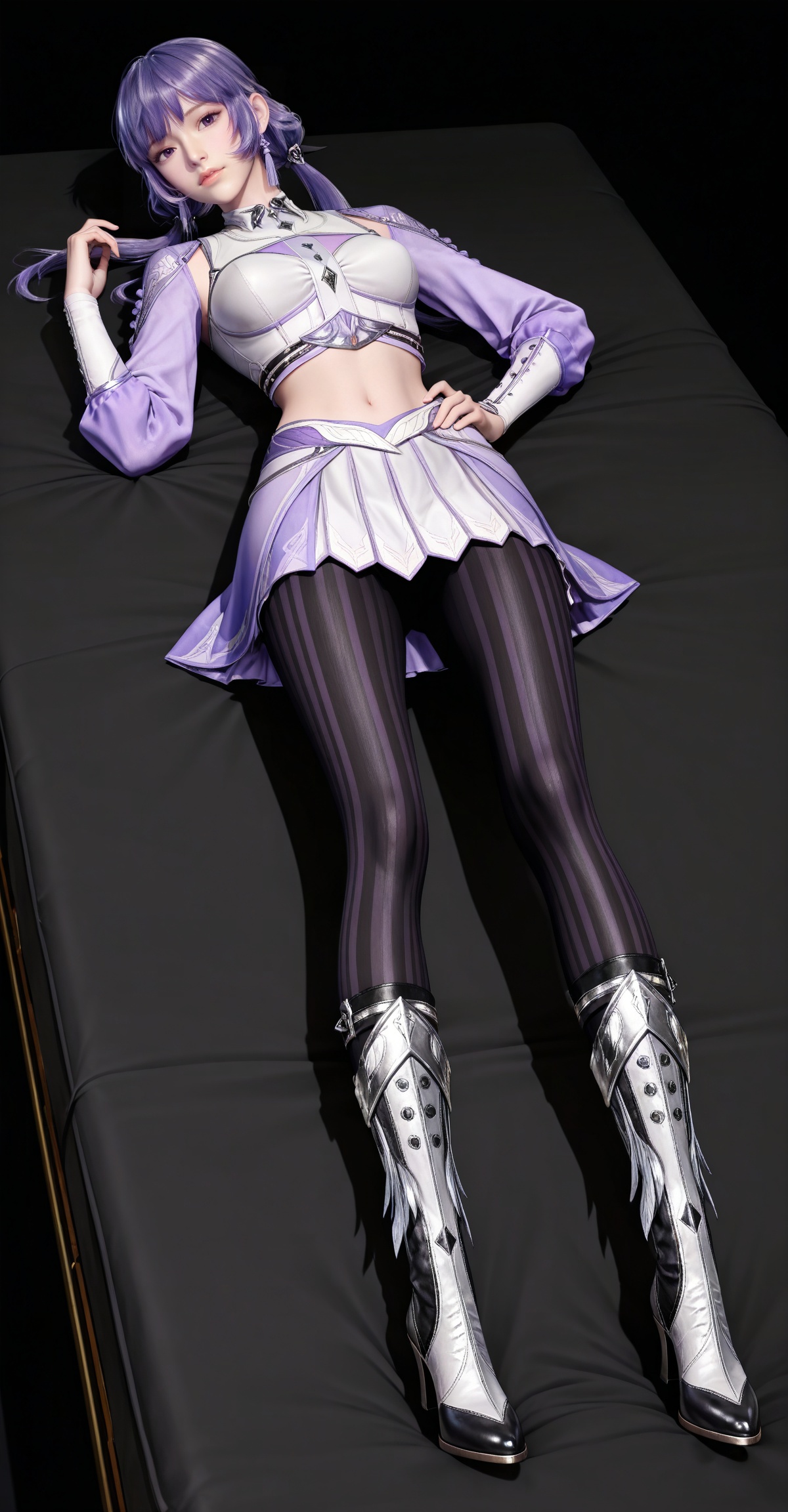 masterpiece,high quality,tall,game cg,highres,(white_skin:0.6),(shiny_skin:0.6),(realistic:1.1),looking_at_viewer,lvjing,,baichenxiang,purple hair,purple eyes,twintails,low twintails,crop_top,boots,skirt,black_pantyhose,long sleeves,striped pantyhose,midriff,1girl,solo,black_background,simple background,hand on hip,legs,long legs,hand on legs,lying,on back,bed,