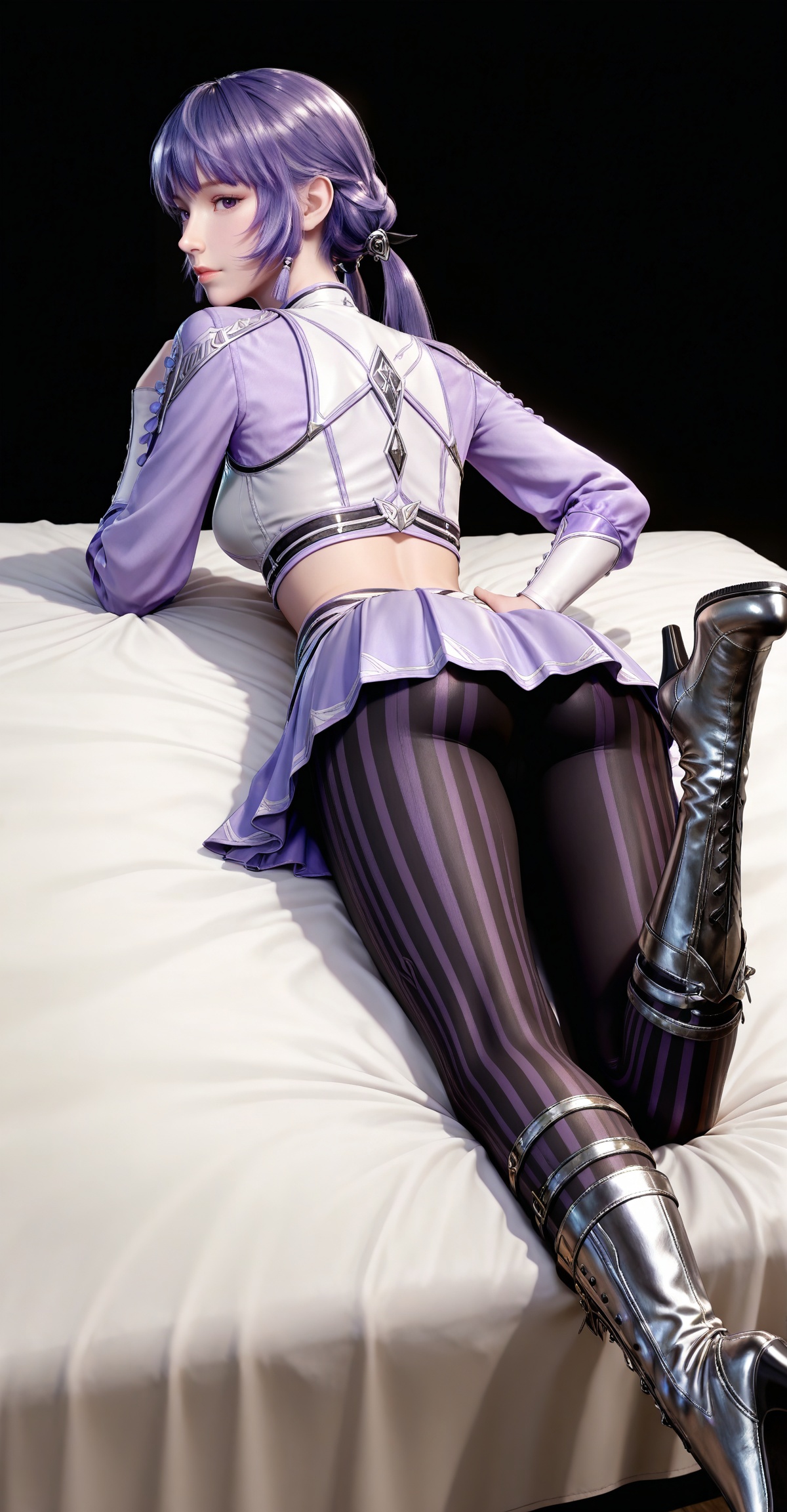 masterpiece,high quality,tall,game cg,highres,(white_skin:0.6),(shiny_skin:0.6),(realistic:1.1),looking_at_viewer,lvjing,,baichenxiang,purple hair,purple eyes,twintails,low twintails,crop_top,boots,skirt,black_pantyhose,long sleeves,striped pantyhose,midriff,1girl,solo,black_background,simple background,hand on hip,legs,long legs,bed,on stomach,feet up,