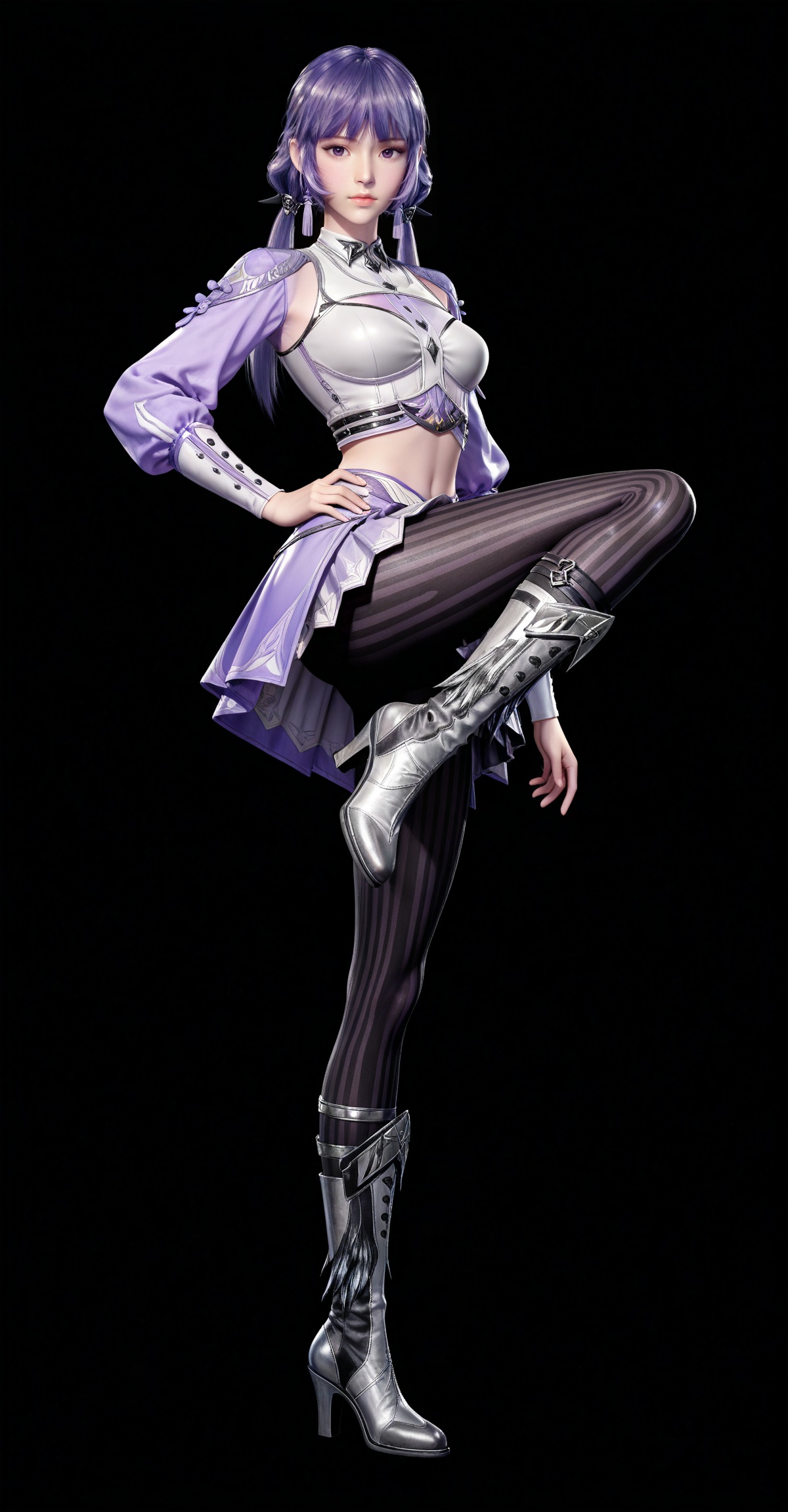 masterpiece,high quality,tall,game cg,highres,(white_skin:0.6),(shiny_skin:0.6),(realistic:1.1),looking_at_viewer,lvjing,,baichenxiang,purple hair,purple eyes,twintails,low twintails,crop_top,boots,skirt,black_pantyhose,long sleeves,striped pantyhose,midriff,1girl,solo,black_background,simple background,hand on hip,kicking,legs,long legs,