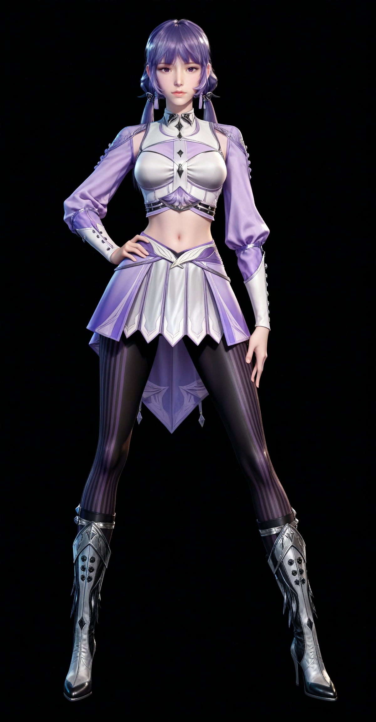 masterpiece,high quality,tall,game cg,highres,(white_skin:0.6),(shiny_skin:0.6),(realistic:1.1),looking_at_viewer,lvjing,,baichenxiang,purple hair,purple eyes,twintails,low twintails,crop_top,boots,skirt,black_pantyhose,long sleeves,striped pantyhose,midriff,1girl,solo,black_background,simple background,hand on hip,legs,long legs,hand on legs,