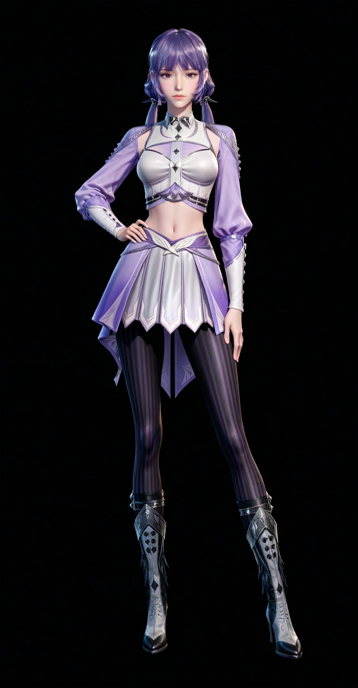 masterpiece,high quality,tall,game cg,highres,(white_skin:0.6),(shiny_skin:0.6),(realistic:1.1),looking_at_viewer,lvjing,,baichenxiang,purple hair,purple eyes,twintails,low twintails,crop_top,boots,skirt,black_pantyhose,long sleeves,striped pantyhose,midriff,1girl,solo,black_background,simple background,hand on hip,legs,long legs,hand on legs,