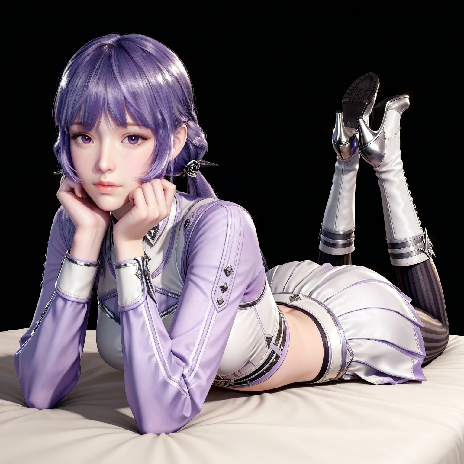 masterpiece,high quality,tall,game cg,highres,(white_skin:0.6),(shiny_skin:0.6),(realistic:1.1),looking_at_viewer,lvjing,,baichenxiang,purple hair,purple eyes,twintails,low twintails,crop_top,boots,skirt,black_pantyhose,long sleeves,striped pantyhose,midriff,1girl,solo,black_background,simple background,legs,long legs,bed,on stomach,feet up,