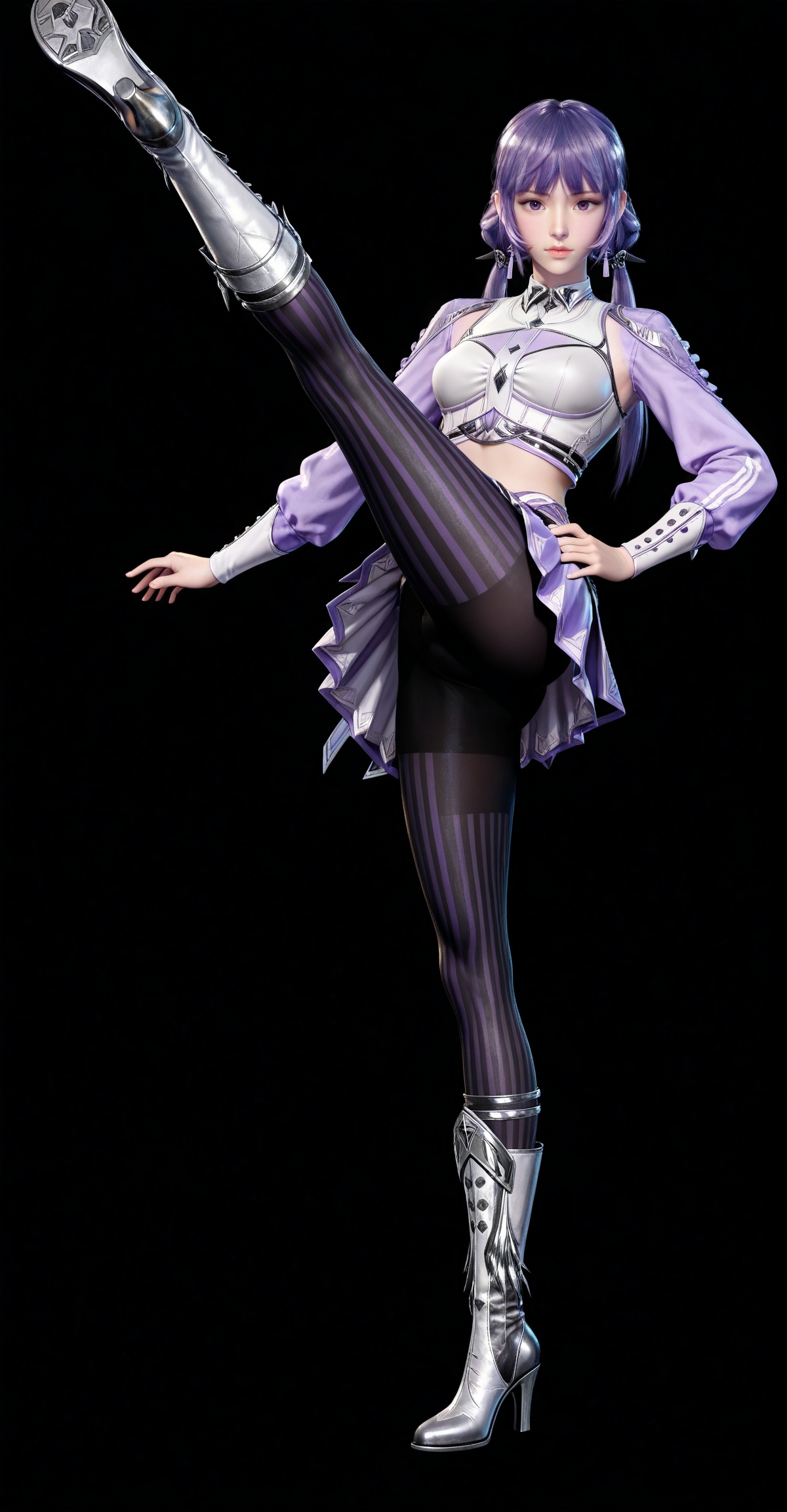 masterpiece,high quality,tall,game cg,highres,(white_skin:0.6),(shiny_skin:0.6),(realistic:1.1),looking_at_viewer,lvjing,,baichenxiang,purple hair,purple eyes,twintails,low twintails,crop_top,boots,skirt,black_pantyhose,long sleeves,striped pantyhose,midriff,1girl,solo,black_background,simple background,hand on hip,kicking,legs,long legs,high_kick,