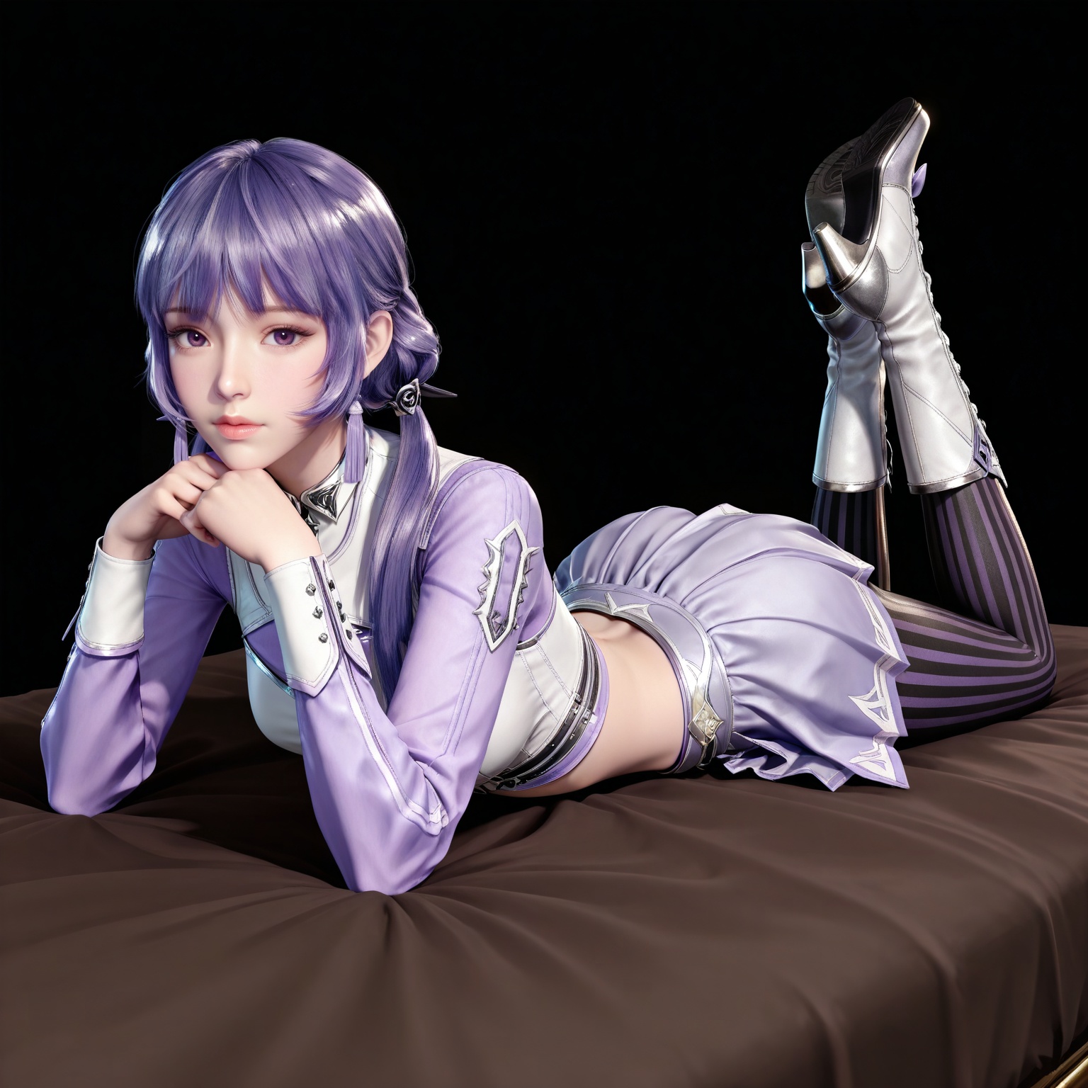 masterpiece,high quality,tall,game cg,highres,(white_skin:0.6),(shiny_skin:0.6),(realistic:1.1),looking_at_viewer,lvjing,,baichenxiang,purple hair,purple eyes,twintails,low twintails,crop_top,boots,skirt,black_pantyhose,long sleeves,striped pantyhose,midriff,1girl,solo,black_background,simple background,legs,long legs,bed,on stomach,feet up,