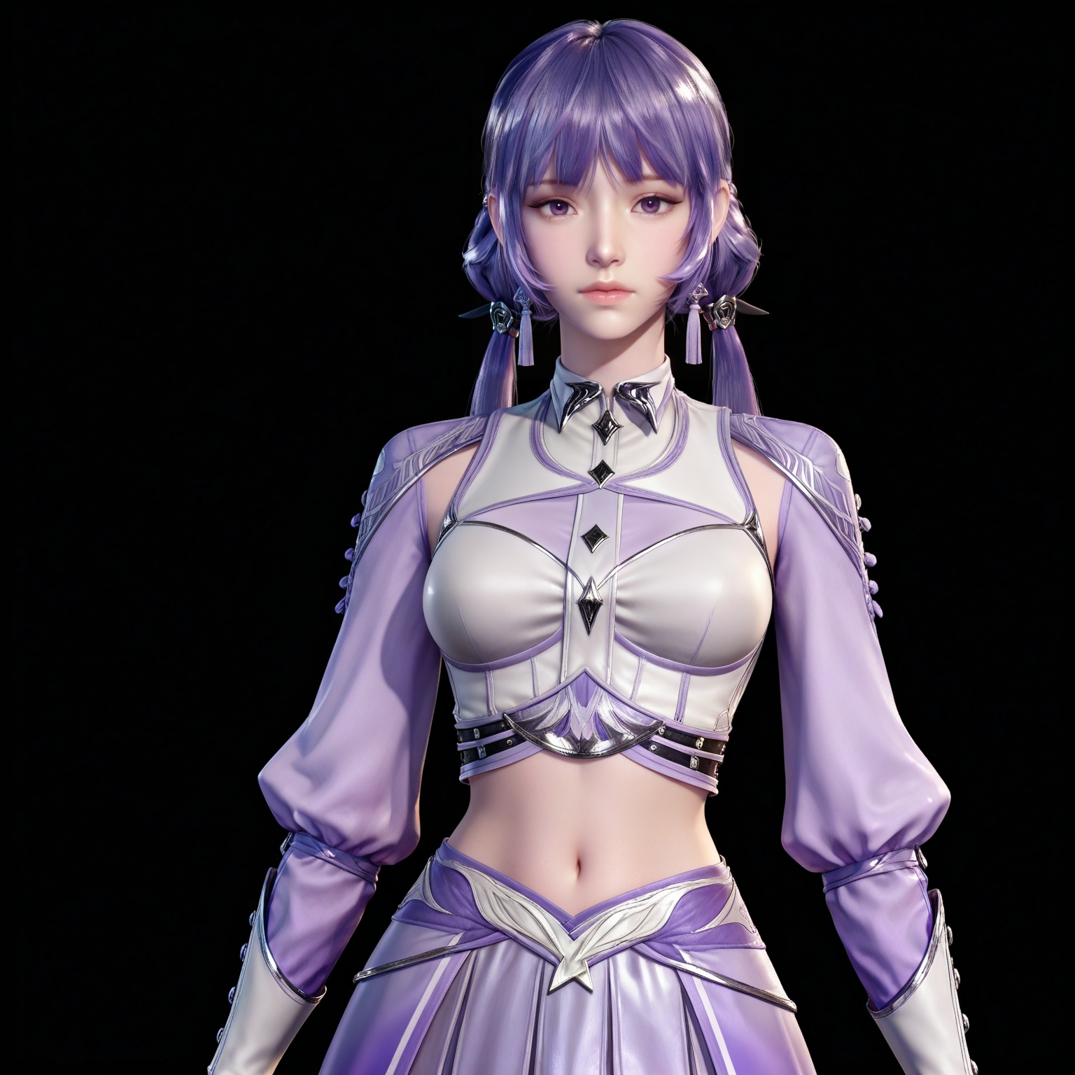 masterpiece,high quality,tall,game cg,highres,(white_skin:0.6),(shiny_skin:0.6),(realistic:1.1),looking_at_viewer,lvjing,,baichenxiang,purple hair,purple eyes,twintails,low twintails,crop_top,skirt,long sleeves,midriff,1girl,solo,black_background,simple background,