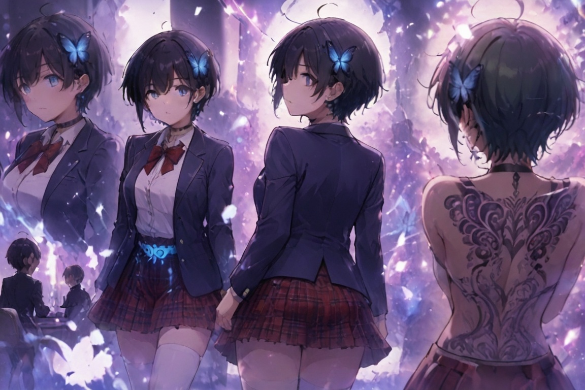 Glowing effect,  Blazer girls' uniform,  Skirt tattoos Turning back from a view of her from behind—a beautiful woman looki...