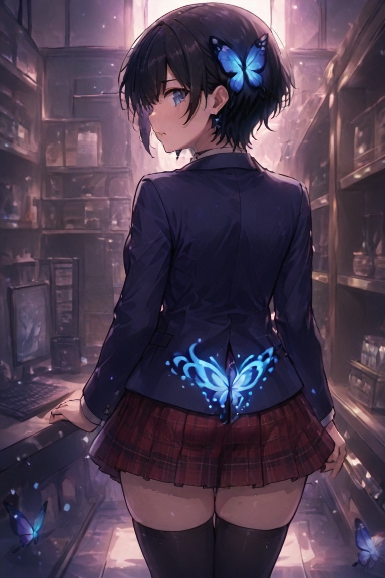 Glowing effect,  Blazer girls' uniform,  Skirt tattoos Turning back from a view of her from behind—a beautiful woman looki...