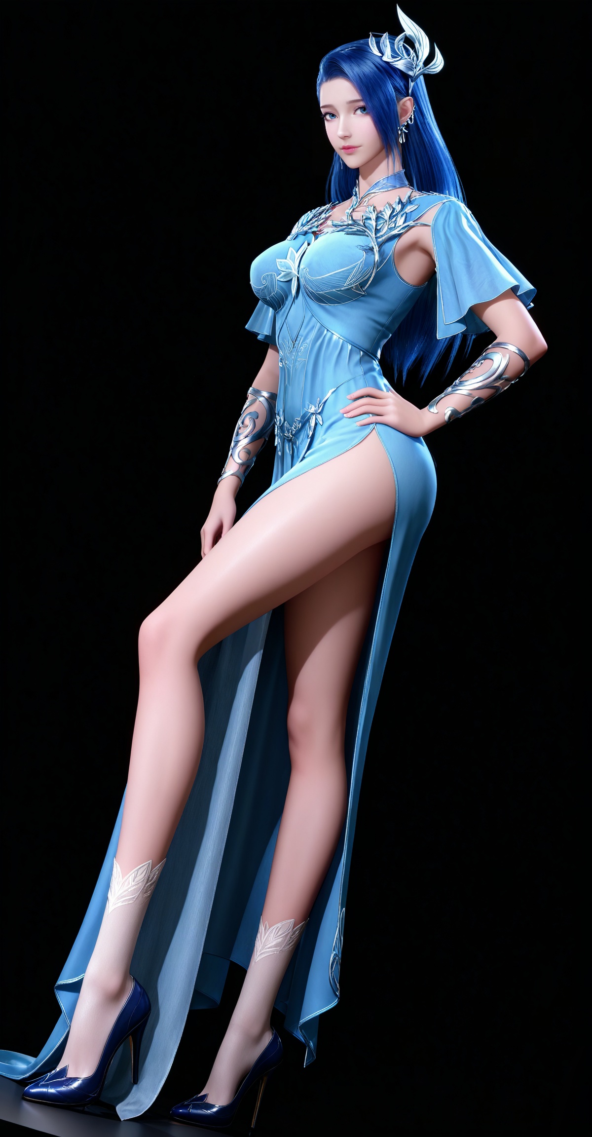 masterpiece,high quality,tall,game cg,highres,(white_skin:0.6),(shiny_skin:0.6),(realistic:1.1),looking_at_viewer,lvjing,black_background,simple background,,ayin,long hair,jewelry,earrings,hair ornament,blue hair,blue eyes,blue dress,socks,high heels,full body,legs,long legs,standing,(leg up:1.1),hand on hip,dynamic_angle,dutch angle,