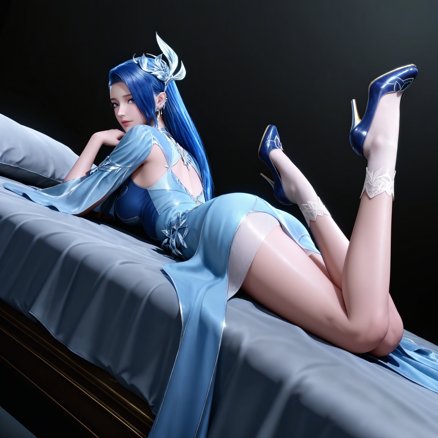 masterpiece,high quality,tall,game cg,highres,(white_skin:0.6),(shiny_skin:0.6),(realistic:1.1),looking_at_viewer,lvjing,black_background,simple background,,ayin,long hair,jewelry,earrings,hair ornament,blue hair,blue eyes,blue dress,socks,high heels,full body,legs,long legs,bed,dynamic_angle,dutch angle,on_stomach,feet up,