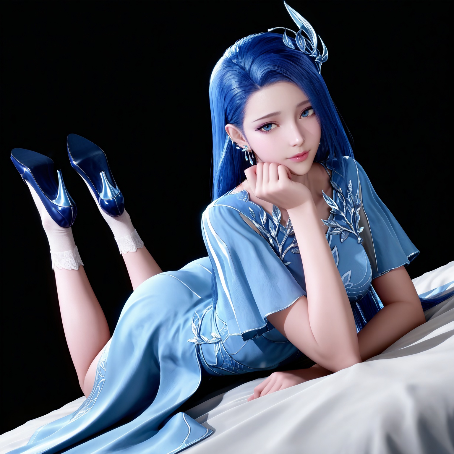 masterpiece,high quality,tall,game cg,highres,(white_skin:0.6),(shiny_skin:0.6),(realistic:1.1),looking_at_viewer,lvjing,black_background,simple background,,ayin,long hair,jewelry,earrings,hair ornament,blue hair,blue eyes,blue dress,socks,high heels,full body,legs,long legs,bed,dynamic_angle,dutch angle,on_stomach,feet up,