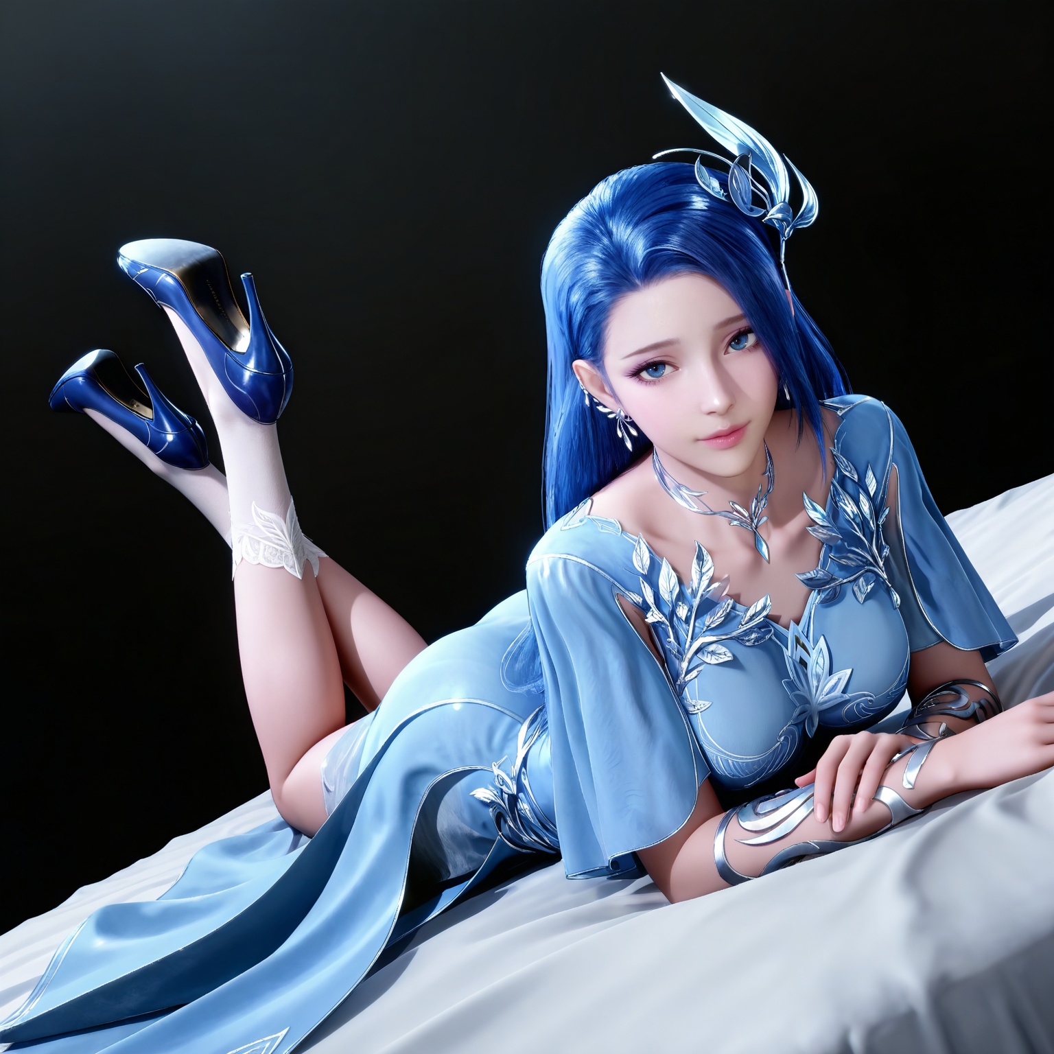 masterpiece,high quality,tall,game cg,highres,(white_skin:0.6),(shiny_skin:0.6),(realistic:1.1),looking_at_viewer,lvjing,black_background,simple background,,ayin,long hair,jewelry,earrings,hair ornament,blue hair,blue eyes,blue dress,socks,high heels,full body,legs,long legs,bed,dynamic_angle,dutch angle,on_stomach,feet up,