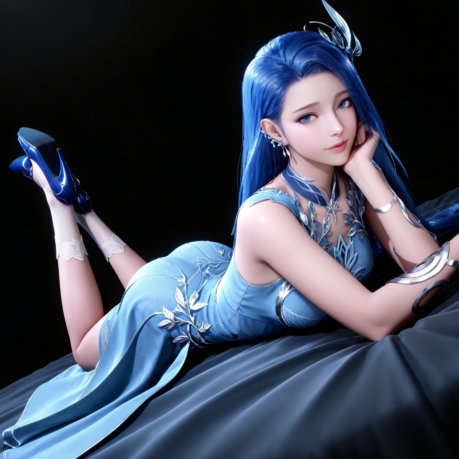 masterpiece,high quality,tall,game cg,highres,(white_skin:0.6),(shiny_skin:0.6),(realistic:1.1),looking_at_viewer,lvjing,black_background,simple background,,ayin,long hair,jewelry,earrings,hair ornament,blue hair,blue eyes,blue dress,socks,high heels,full body,legs,long legs,bed,dynamic_angle,dutch angle,on_stomach,feet up,