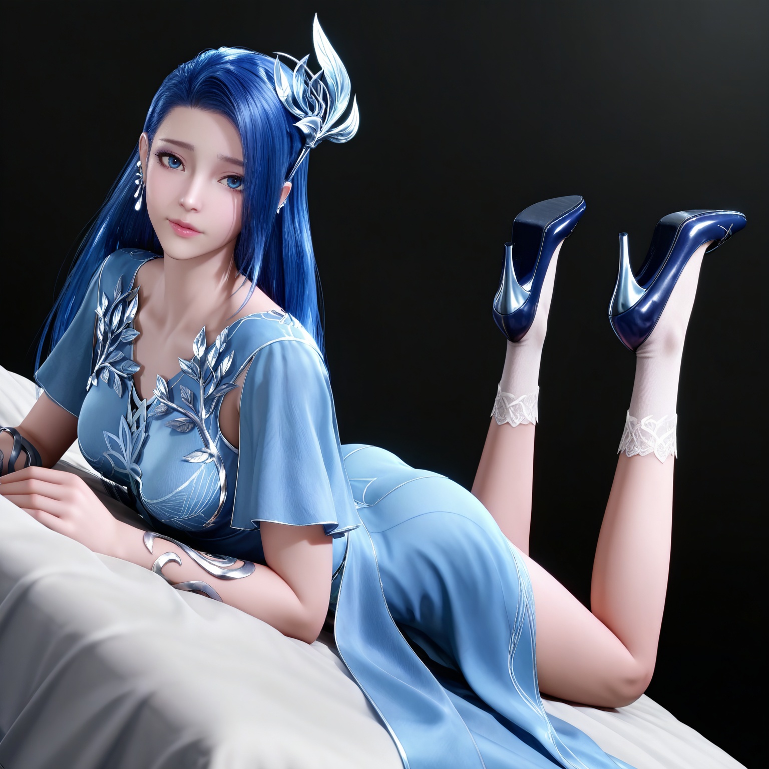 masterpiece,high quality,tall,game cg,highres,(white_skin:0.6),(shiny_skin:0.6),(realistic:1.1),looking_at_viewer,lvjing,black_background,simple background,,ayin,long hair,jewelry,earrings,hair ornament,blue hair,blue eyes,blue dress,socks,high heels,full body,legs,long legs,bed,dynamic_angle,dutch angle,on_stomach,feet up,
