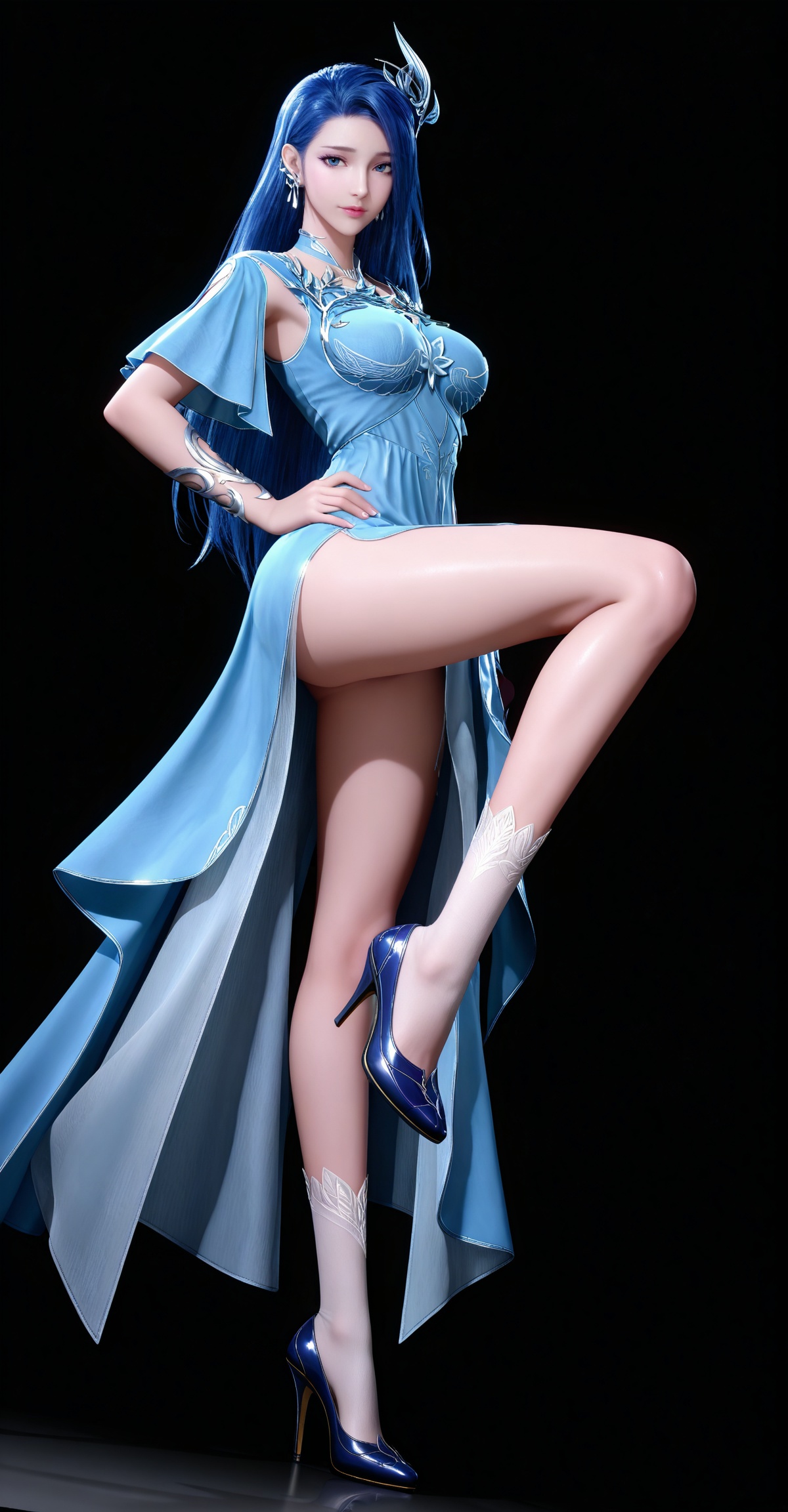 masterpiece,high quality,tall,game cg,highres,(white_skin:0.6),(shiny_skin:0.6),(realistic:1.1),looking_at_viewer,lvjing,black_background,simple background,,ayin,long hair,jewelry,earrings,hair ornament,blue hair,blue eyes,blue dress,socks,high heels,full body,legs,long legs,standing,(leg up:1.1),hand on hip,dynamic_angle,dutch angle,