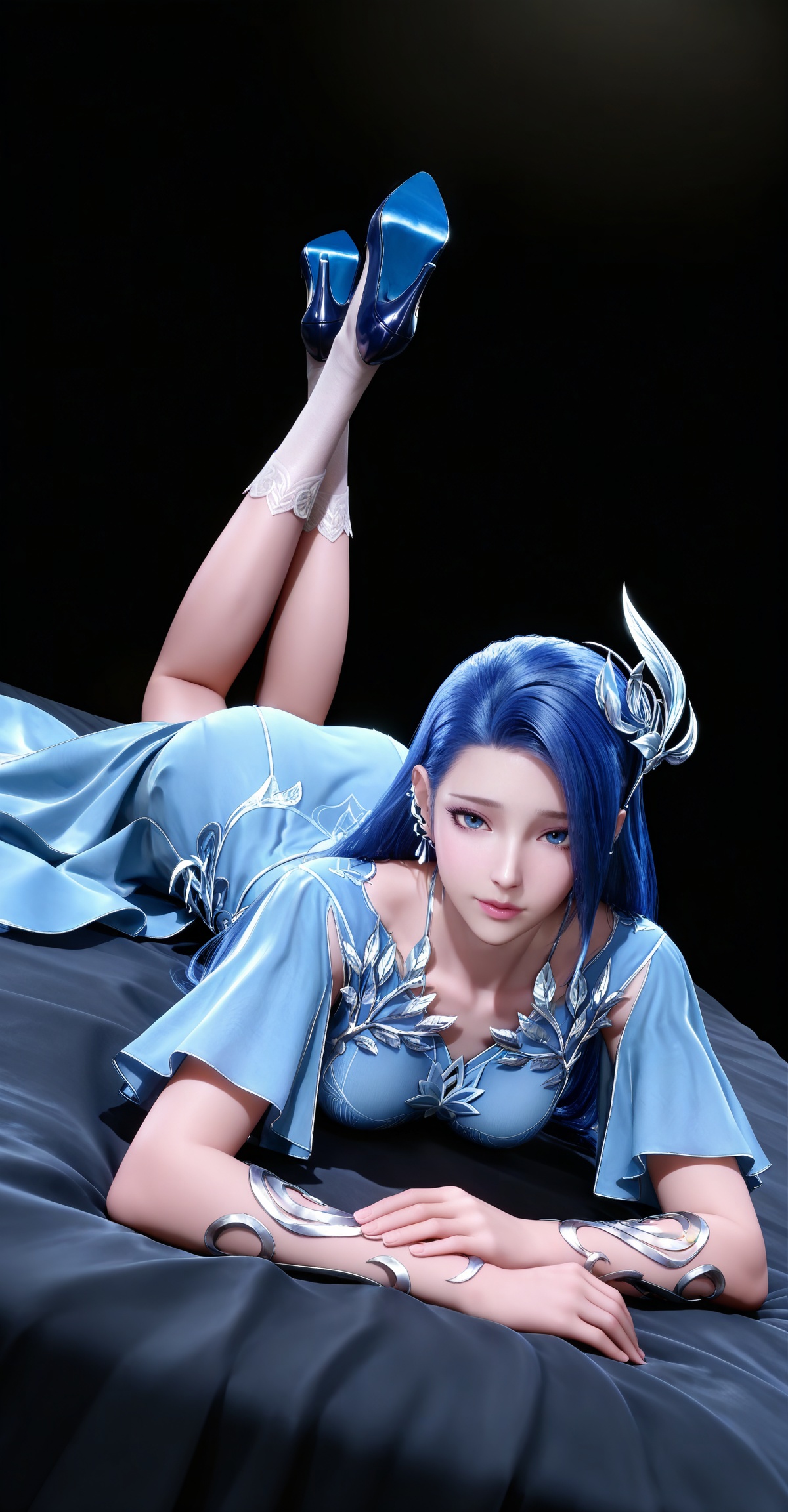 masterpiece,high quality,tall,game cg,highres,(white_skin:0.6),(shiny_skin:0.6),(realistic:1.1),looking_at_viewer,lvjing,black_background,simple background,,ayin,long hair,jewelry,earrings,hair ornament,blue hair,blue eyes,blue dress,socks,high heels,full body,legs,long legs,bed,dynamic_angle,dutch angle,on_stomach,feet up,