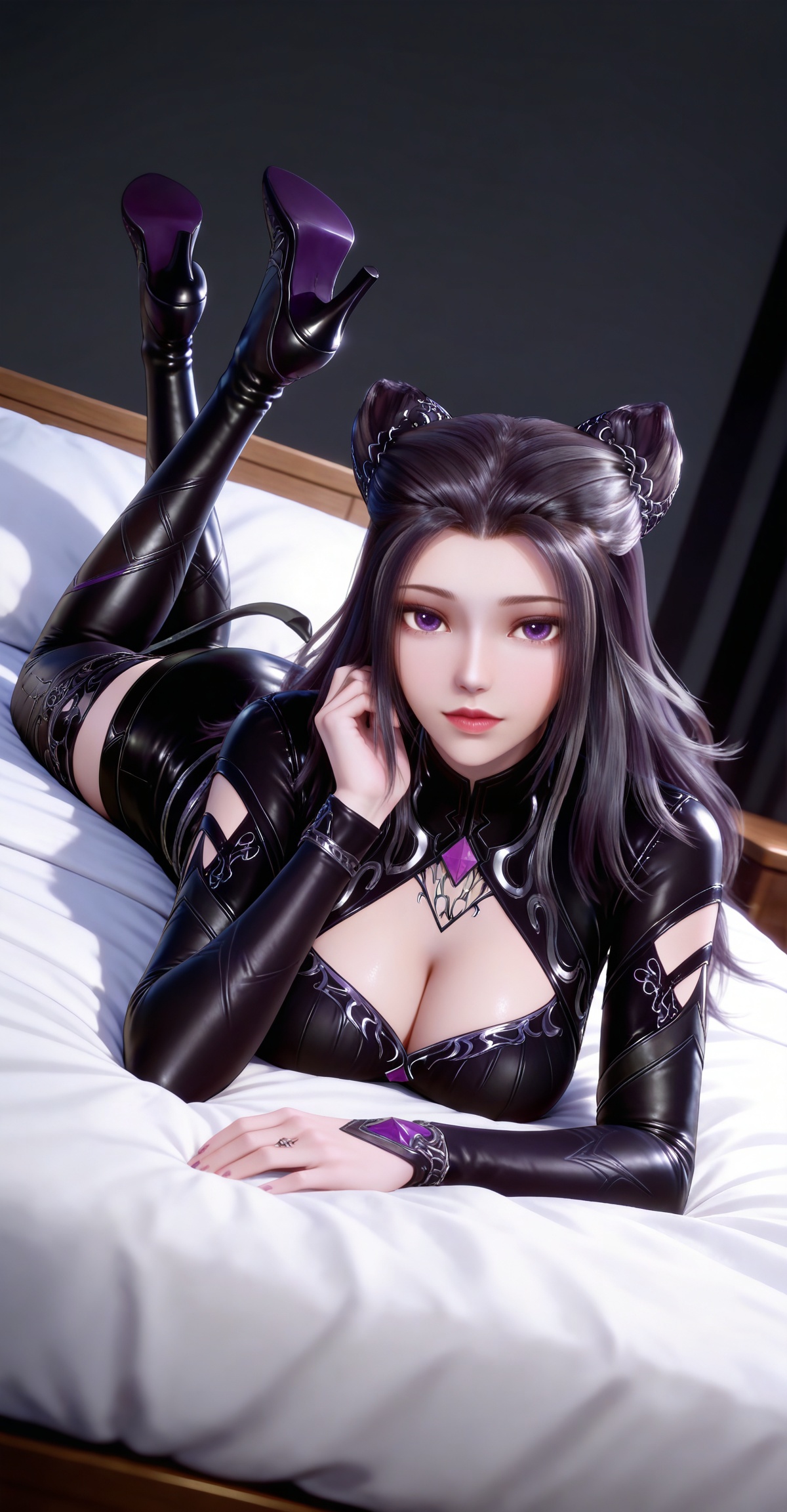 masterpiece,high quality,tall,game cg,highres,(white_skin:0.6),(shiny_skin:0.6),(realistic:1.1),looking_at_viewer,lvjing,black_background,simple background,dutch angle,dynamic_angle,,black hair,long hair,cone hair bun,purple eyes,double bun,zhuzhuqing black short dress,hair_ornament,detached_sleeves,thigh boots,high_heel_boots,fake tail,full body,legs,long legs,hand on hip,on_stomach,feet up,bed,cleavage,large breasts,