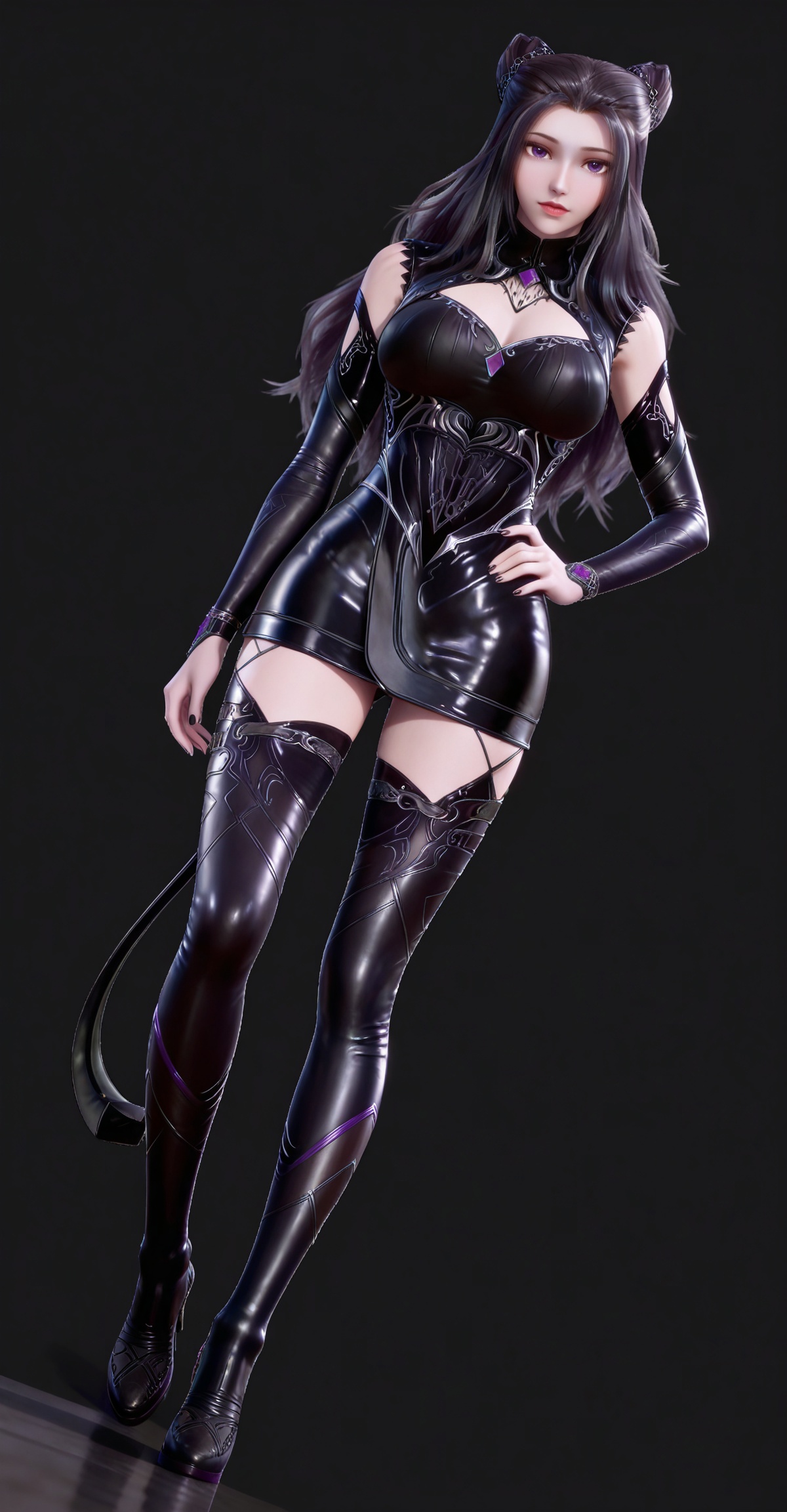 masterpiece,high quality,tall,game cg,highres,(white_skin:0.6),(shiny_skin:0.6),(realistic:1.1),looking_at_viewer,lvjing,black_background,simple background,dutch angle,dynamic_angle,,black hair,long hair,cone hair bun,purple eyes,double bun,zhuzhuqing black short dress,hair_ornament,detached_sleeves,thigh boots,high_heel_boots,fake tail,full body,legs,long legs,hand on hip,cleavage,large breasts,leg up,