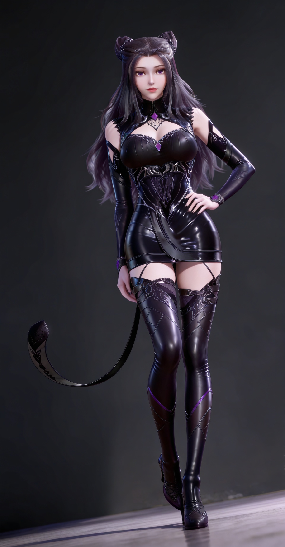 masterpiece,high quality,tall,game cg,highres,(white_skin:0.6),(shiny_skin:0.6),(realistic:1.1),looking_at_viewer,lvjing,black_background,simple background,dutch angle,dynamic_angle,,black hair,long hair,cone hair bun,purple eyes,double bun,zhuzhuqing black short dress,hair_ornament,detached_sleeves,thigh boots,high_heel_boots,fake tail,full body,legs,long legs,hand on hip,cleavage,large breasts,leg up,standing on one leg