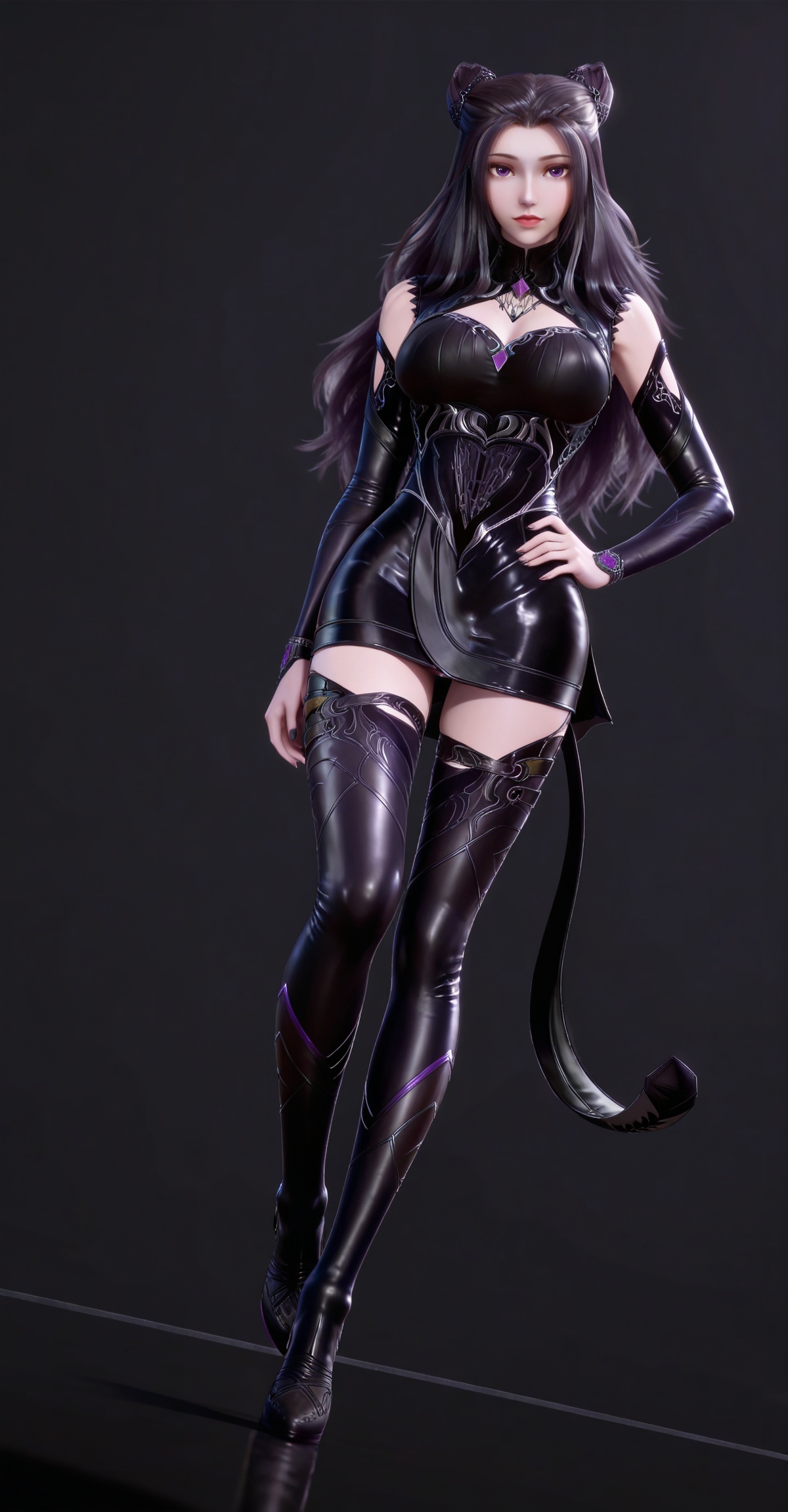 masterpiece,high quality,tall,game cg,highres,(white_skin:0.6),(shiny_skin:0.6),(realistic:1.1),looking_at_viewer,lvjing,black_background,simple background,dutch angle,dynamic_angle,,black hair,long hair,cone hair bun,purple eyes,double bun,zhuzhuqing black short dress,hair_ornament,detached_sleeves,thigh boots,high_heel_boots,fake tail,full body,legs,long legs,hand on hip,cleavage,large breasts,leg up,