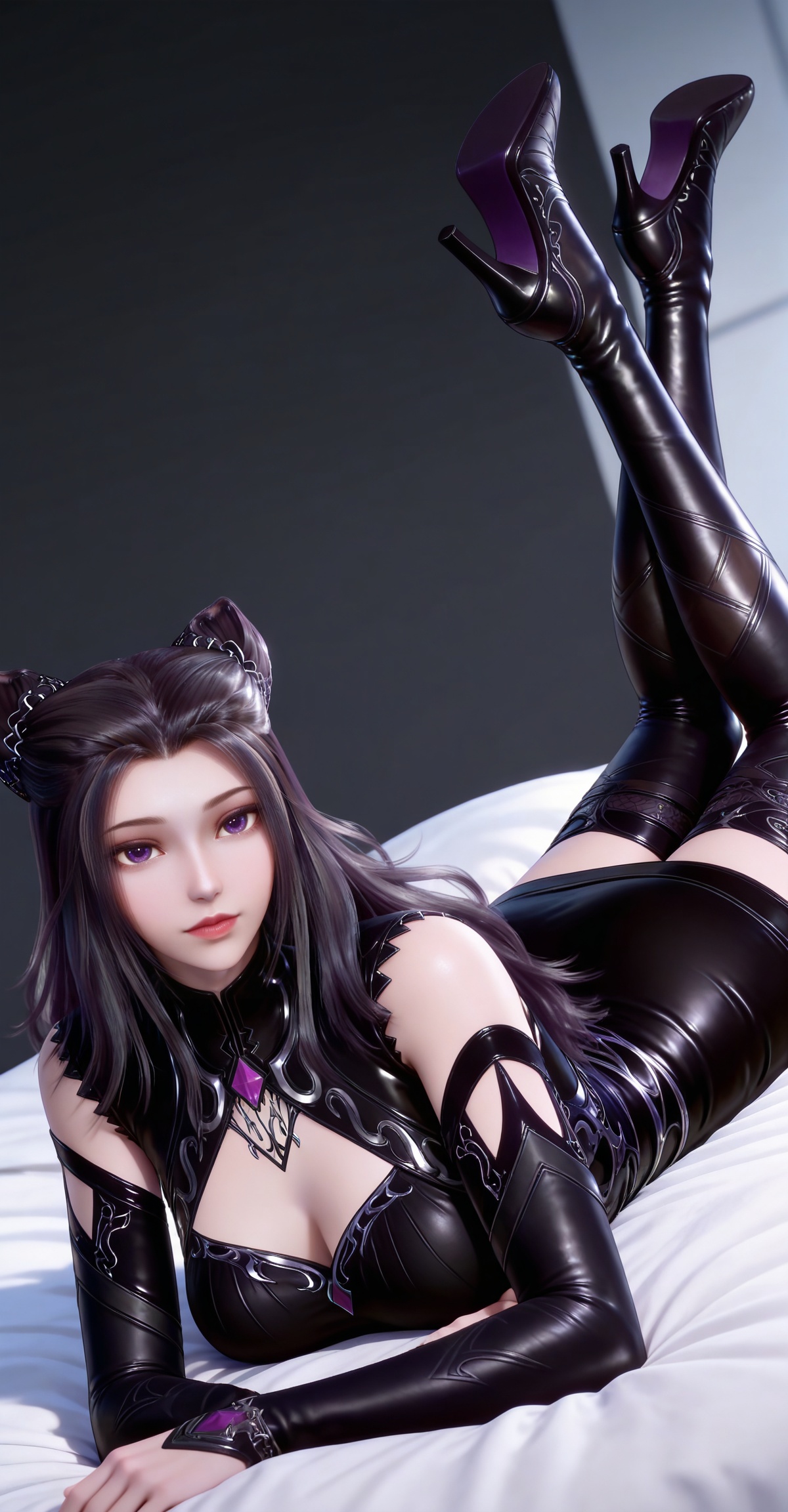 masterpiece,high quality,tall,game cg,highres,(white_skin:0.6),(shiny_skin:0.6),(realistic:1.1),looking_at_viewer,lvjing,black_background,simple background,dutch angle,dynamic_angle,,black hair,long hair,cone hair bun,purple eyes,double bun,zhuzhuqing black short dress,hair_ornament,detached_sleeves,thigh boots,high_heel_boots,fake tail,full body,legs,long legs,hand on hip,on_stomach,feet up,bed,