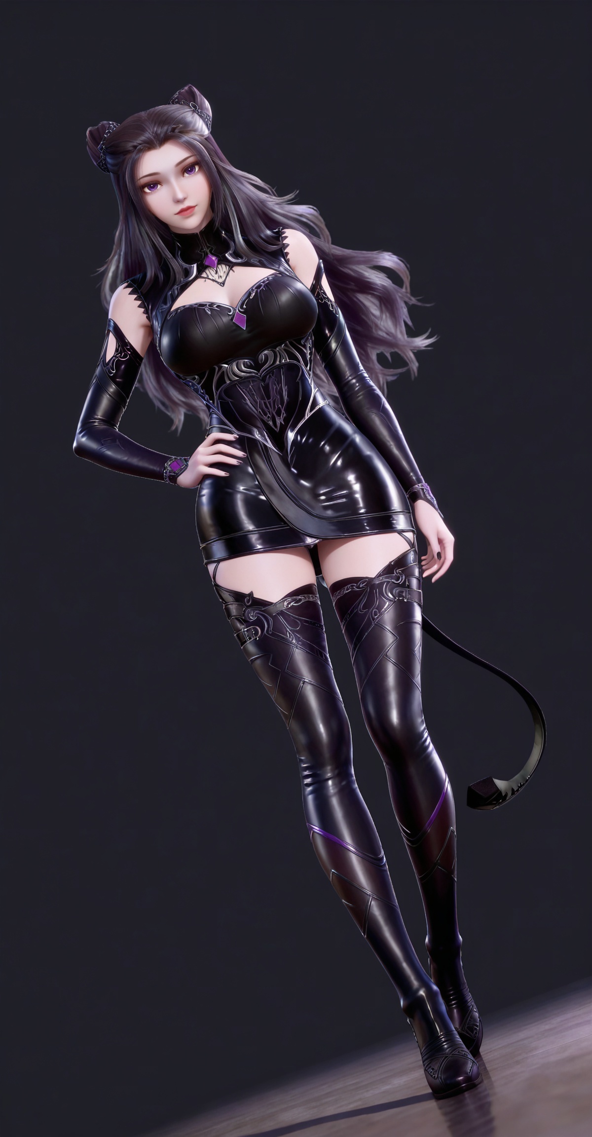 masterpiece,high quality,tall,game cg,highres,(white_skin:0.6),(shiny_skin:0.6),(realistic:1.1),looking_at_viewer,lvjing,black_background,simple background,dutch angle,dynamic_angle,,black hair,long hair,cone hair bun,purple eyes,double bun,zhuzhuqing black short dress,hair_ornament,detached_sleeves,thigh boots,high_heel_boots,fake tail,full body,legs,long legs,hand on hip,cleavage,large breasts,leg up,