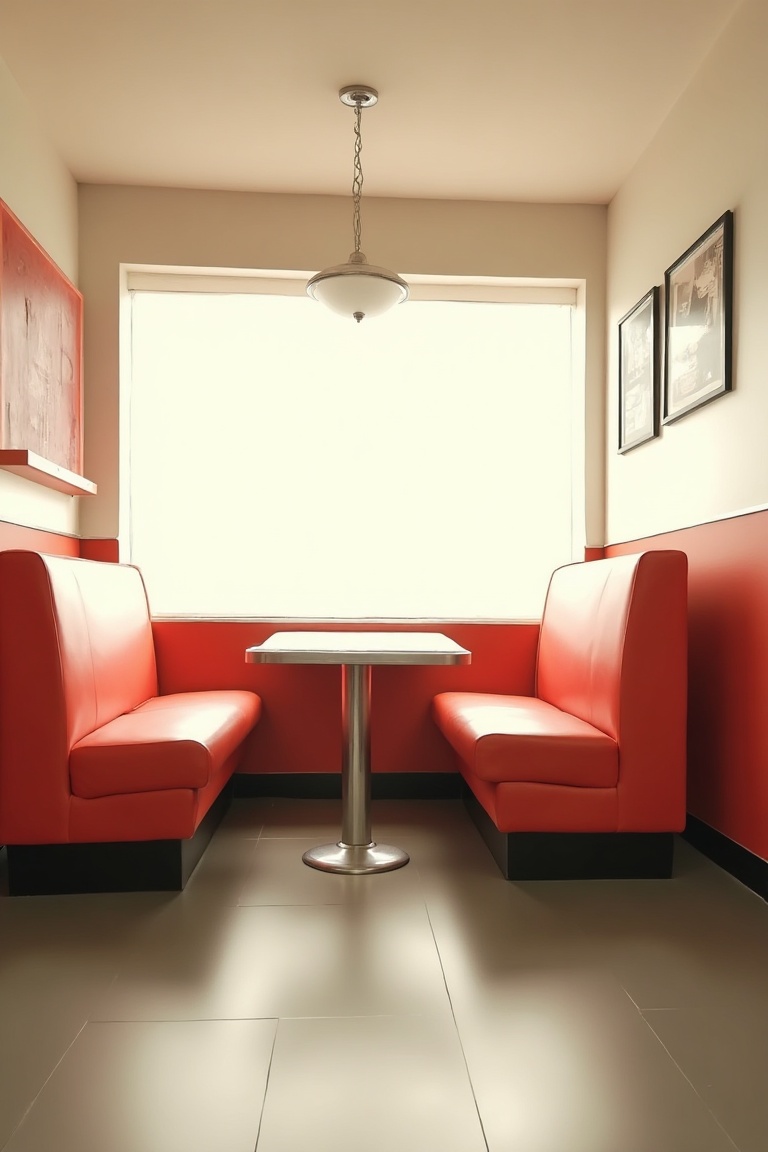 Hopper style painting: Minimalist American diner interior in the style of Edward Hopper—strong geometric composition,  emp...