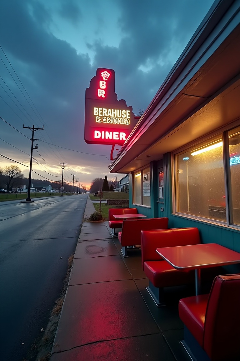 A wide-angle,  cover-art framing shot of a lonely,  downbeat American diner at dusk: cracked vinyl booths visible through...