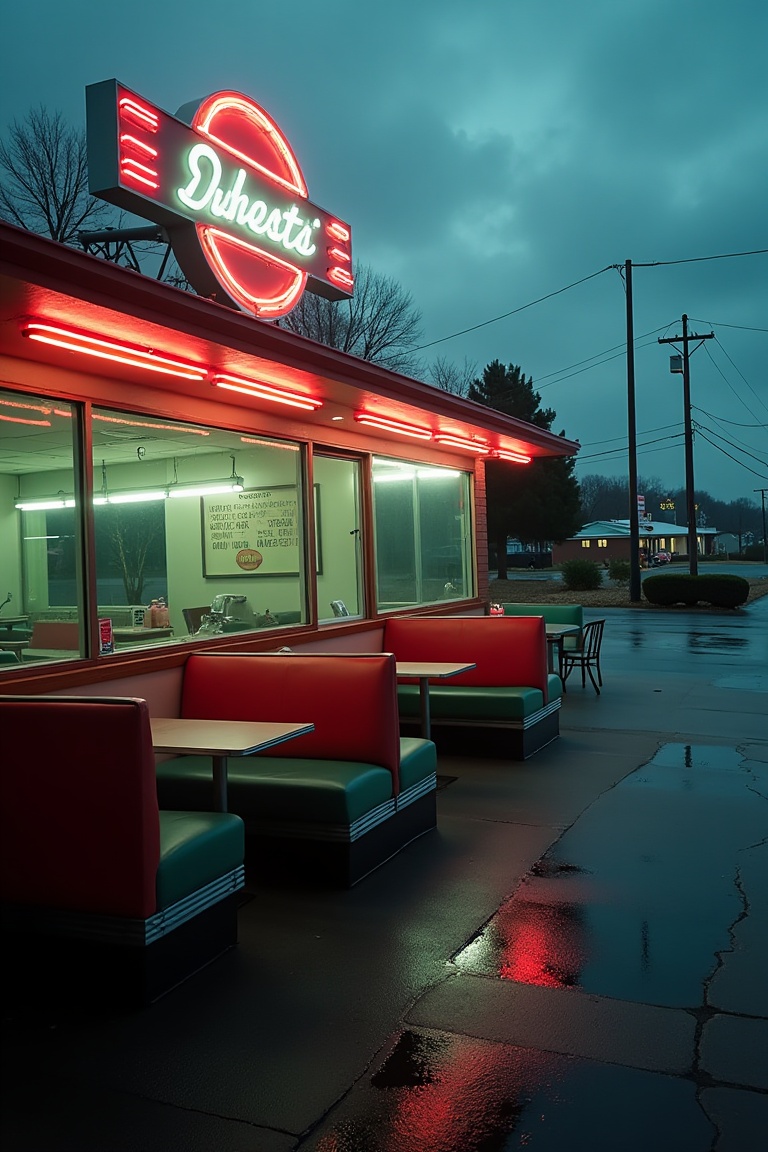 A wide-angle,  cover-art framing shot of a lonely,  downbeat American diner at dusk: cracked vinyl booths visible through...