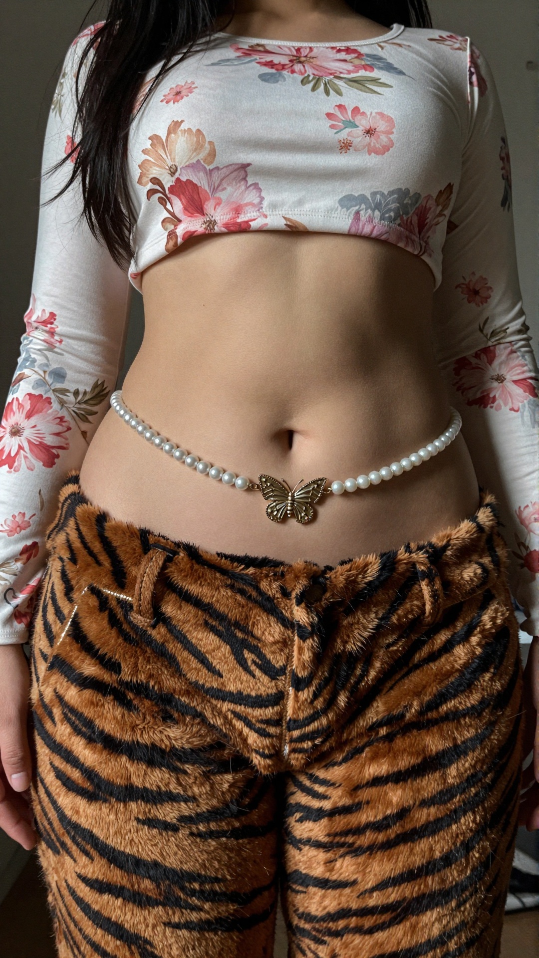 Photograph of a woman's midsection,  focusing on her flat,  fair stomach. Low angle shot on Tensor.Art