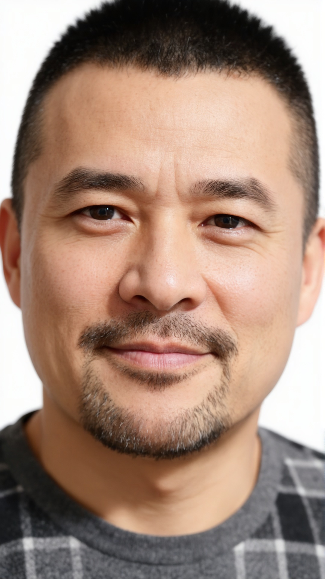 立军,
Front-facing portrait of a middle-aged man, neat short black crew cut, natural fine lines on the forehead and around the eyes, neatly trimmed beard (mustache + chin stubble), natural yellowish skin tone, clear and three-dimensional facial contours, calm and steady eyes, looking directly at the camera, with a natural soft smile on the lips. Wearing a grey and black plaid crew neck top, pure white background, even and soft light, the picture shows high-definition realistic texture, accurately restoring the natural skin texture, pores and hair details in the photo.