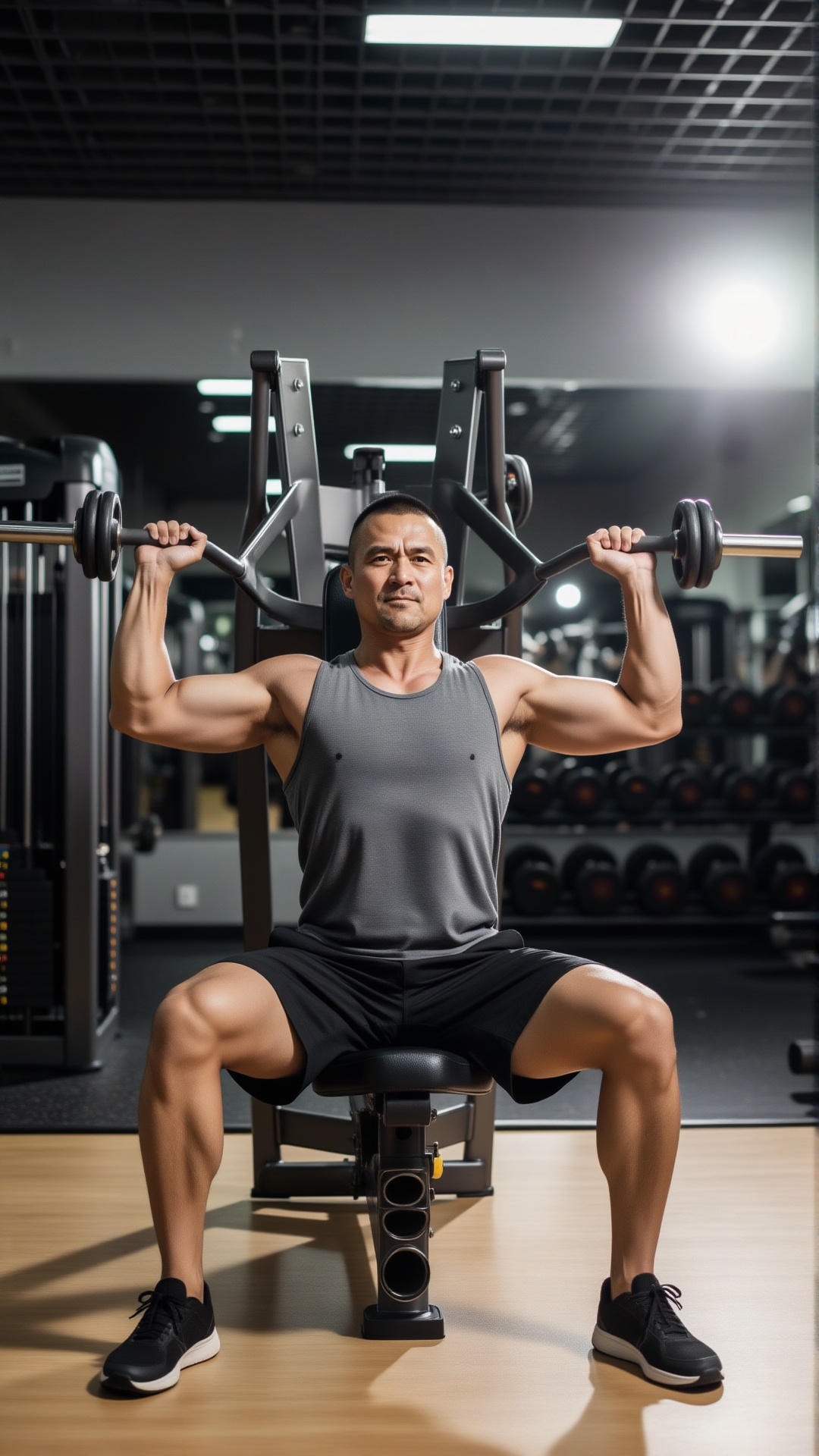 一个名叫立军的男子在健身房练胸肌,平头,背心,他坐在蝴蝶夹胸的器械上,天气炎热