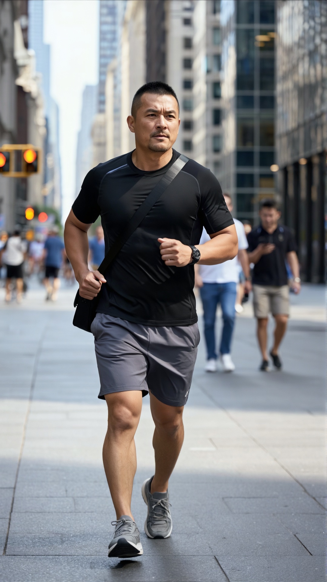 立军,
A man with very short hair is walking briskly on a city street. He wears a black **** top, gray athletic shorts, and gray sneakers, with a black crossbody bag slung over his shoulder. He has a determined and energetic expression, exuding a sense of vitality and purpose. The background features tall urban buildings, traffic lights, and several other people walking, creating a busy and dynamic city atmosphere under bright daylight.