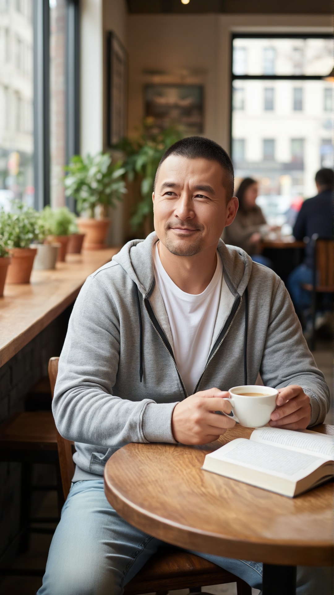 立军,A man with very short hair is sitting at a wooden table in a café. He wears a gray zip - up hoodie over a white T - shirt and light blue jeans, holding a white cup with both hands. He has a warm and content expression, exuding a sense of relaxed comfort. On the table, there is an open book. The background features a cozy café setting with potted plants, a large window showing an urban street view, and other people in the distance, creating a pleasant and laid - back atmosphere.